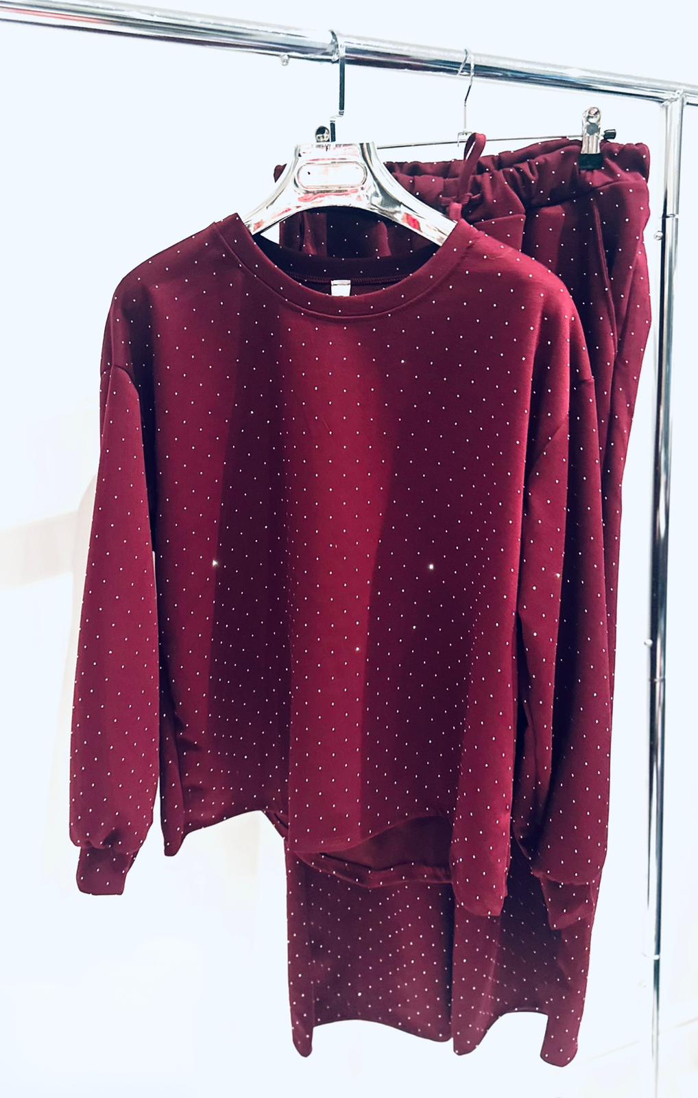 ESTELA Burgundy Studded Detail Top & Pants Set