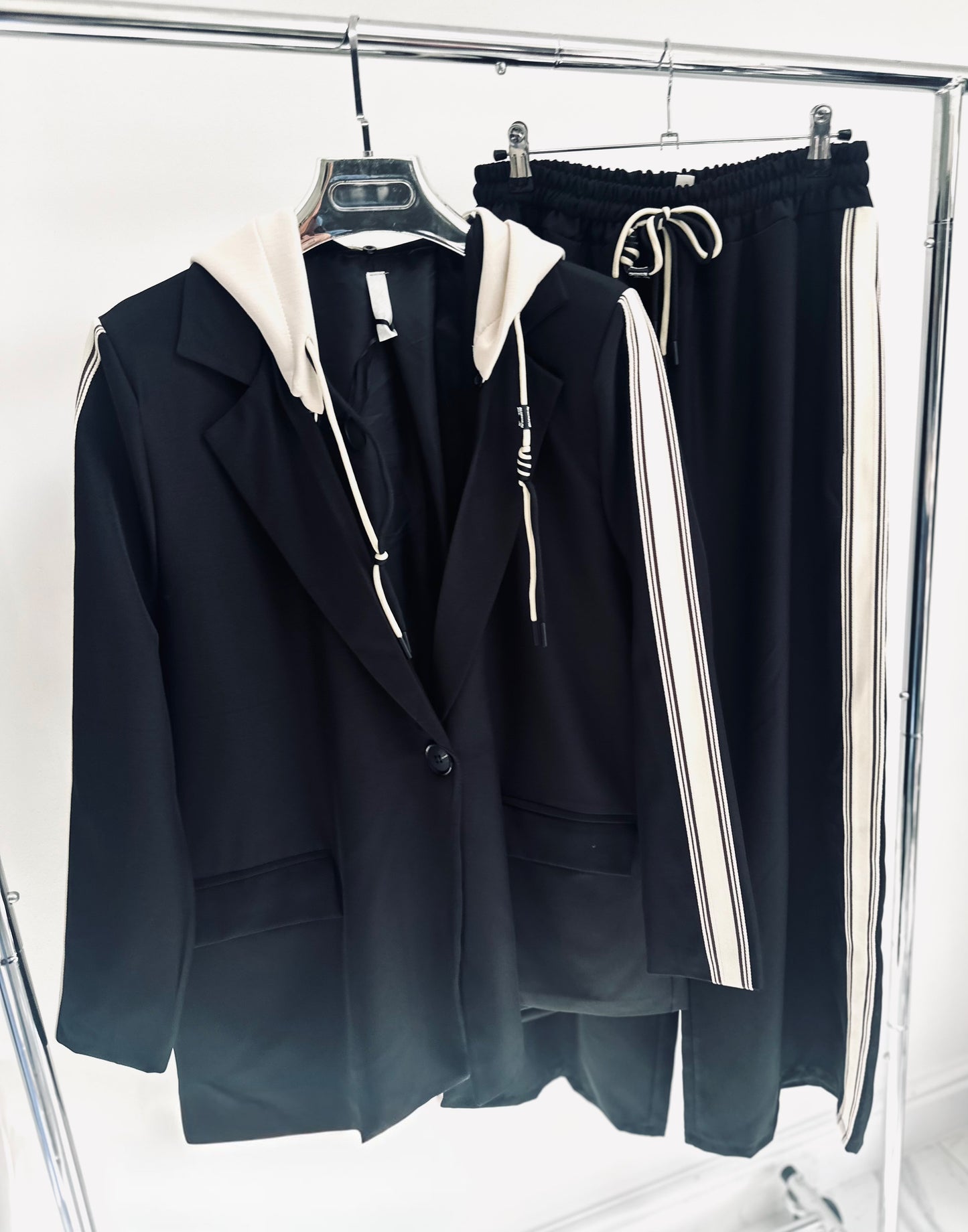 ZETTA Black Side Stripe Hooded Blazer & Trousers Set