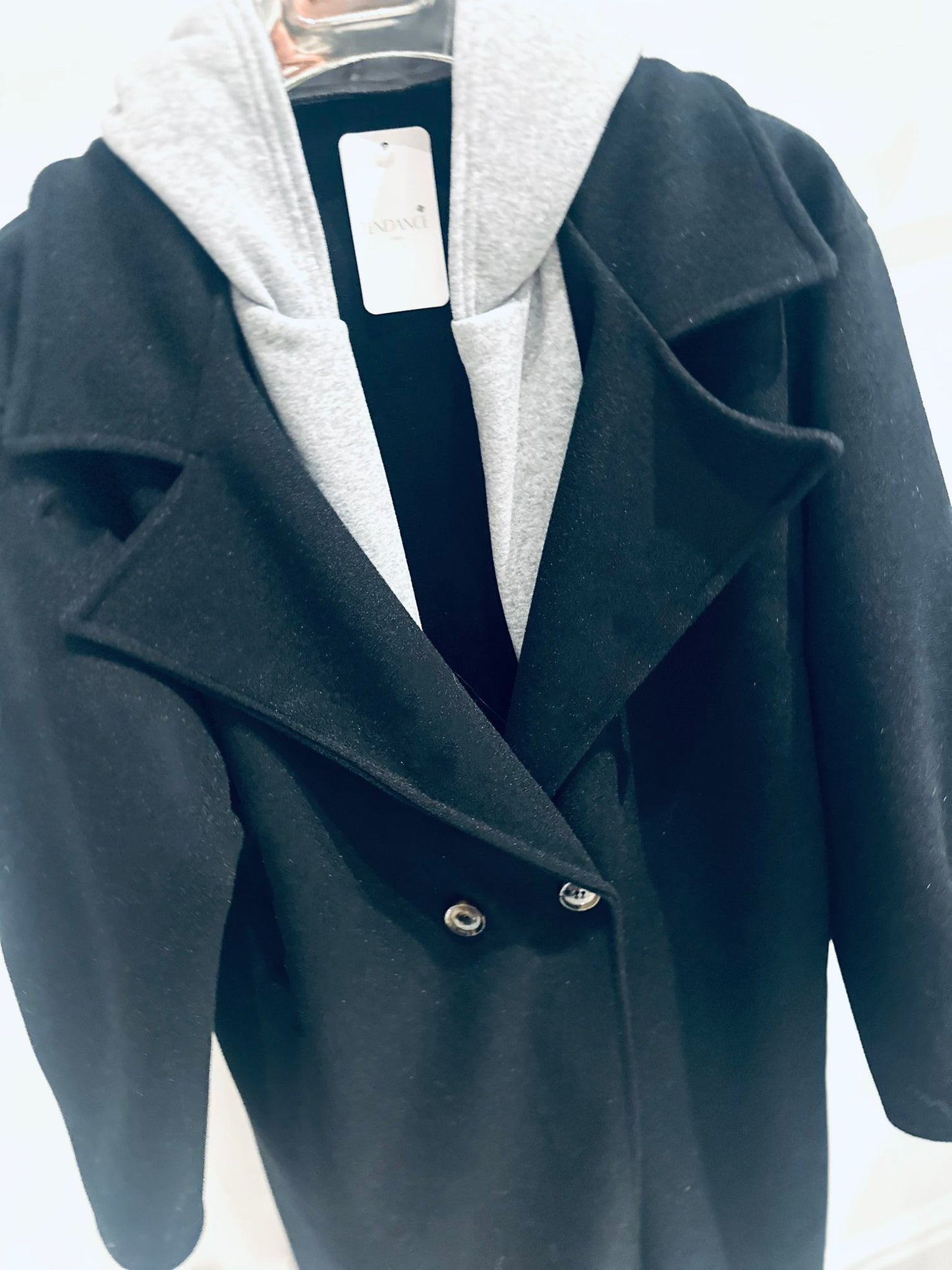 CIARA Black Double Breasted Oversized Coat with Attached Hood