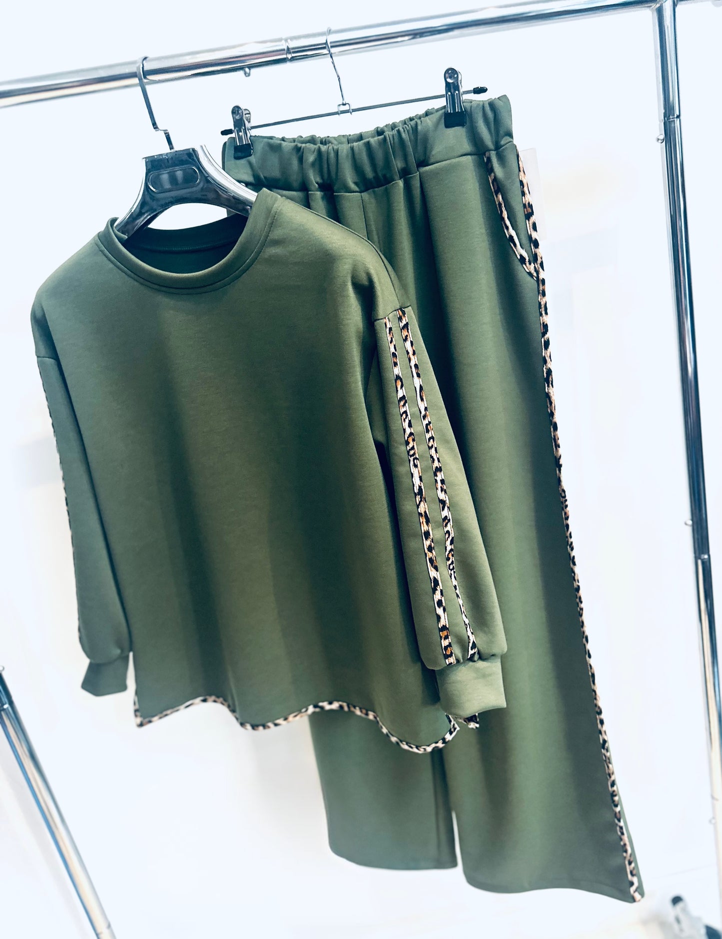 NOLANA Khaki Lounge Set with Animal Print Stripe