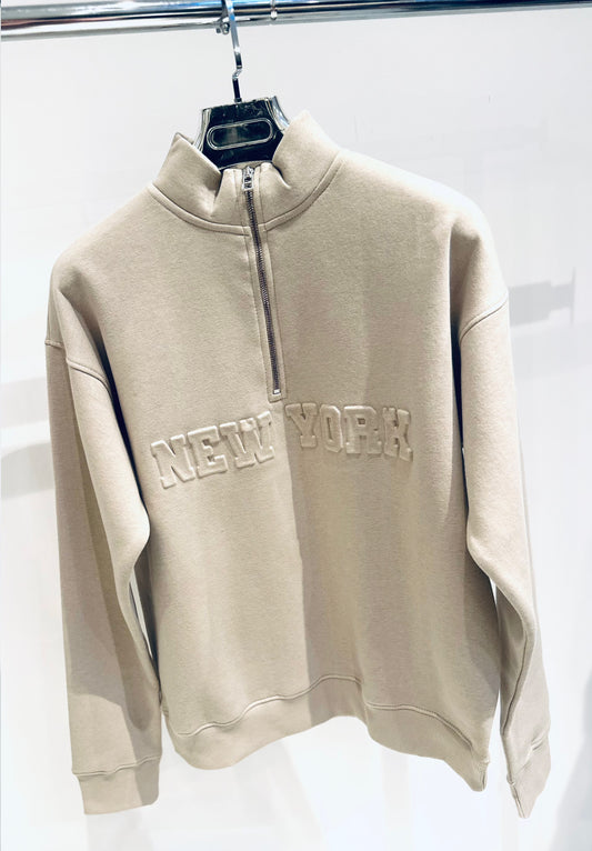 NEW YORK Beige Embossed Half Zip Oversized Sweatshirt