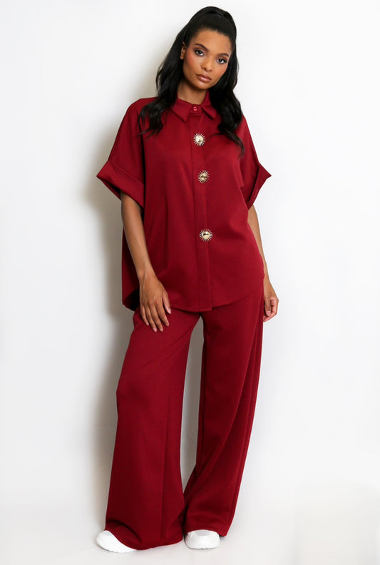 ZERAH Burgundy Button Up Top & Pants Co-Ord