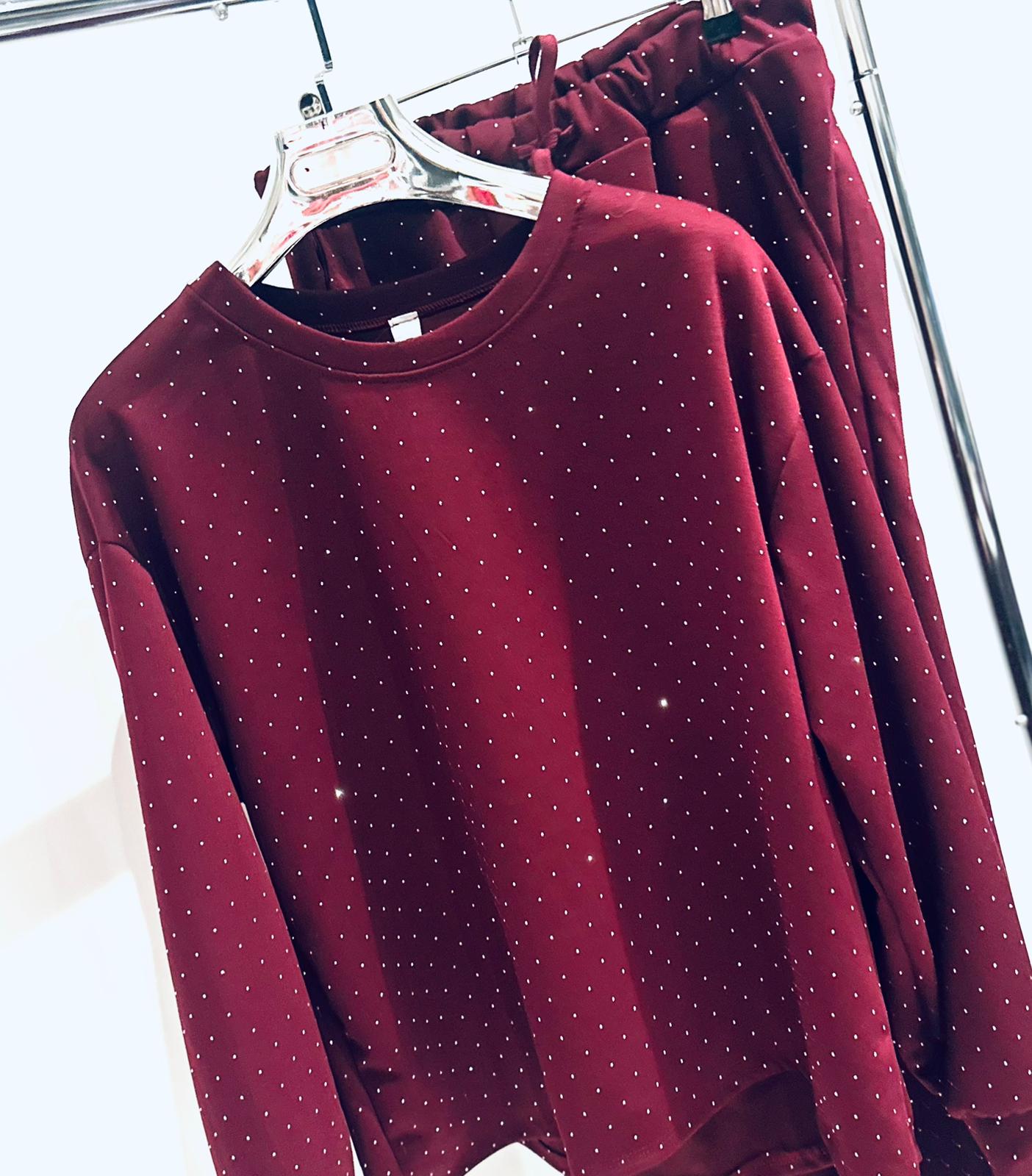 ESTELA Burgundy Studded Detail Top & Pants Set