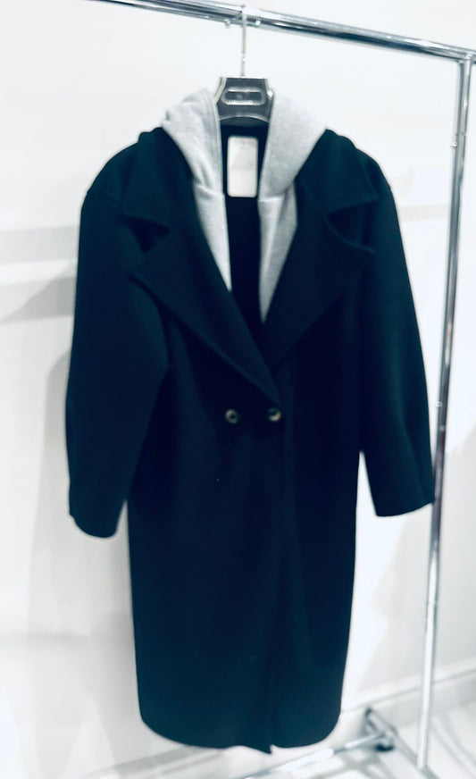 CIARA Black Double Breasted Oversized Coat with Attached Hood