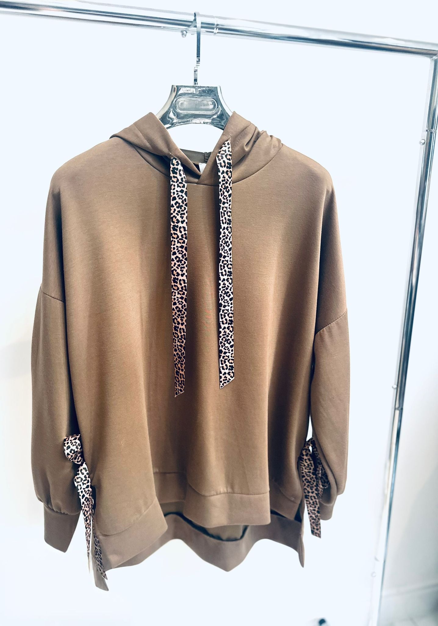 THEDA Camel Hoodie with Leopard Ribbon Detail