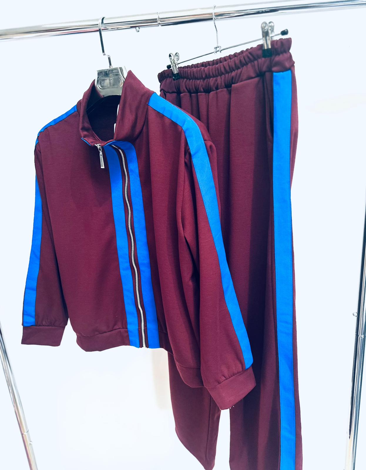 LAFIZA Burgundy with Blue Contrast Stripe Jacket & Joggers Tracksuit
