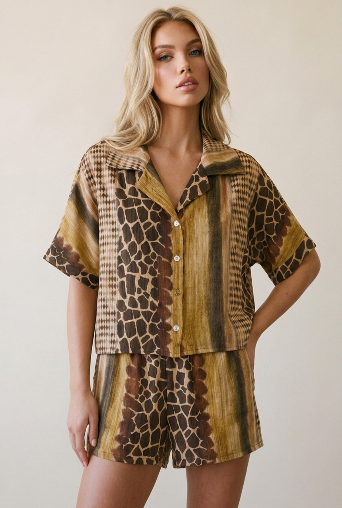 AUBREY Yellow Animal Printed Shirt & Shorts Set