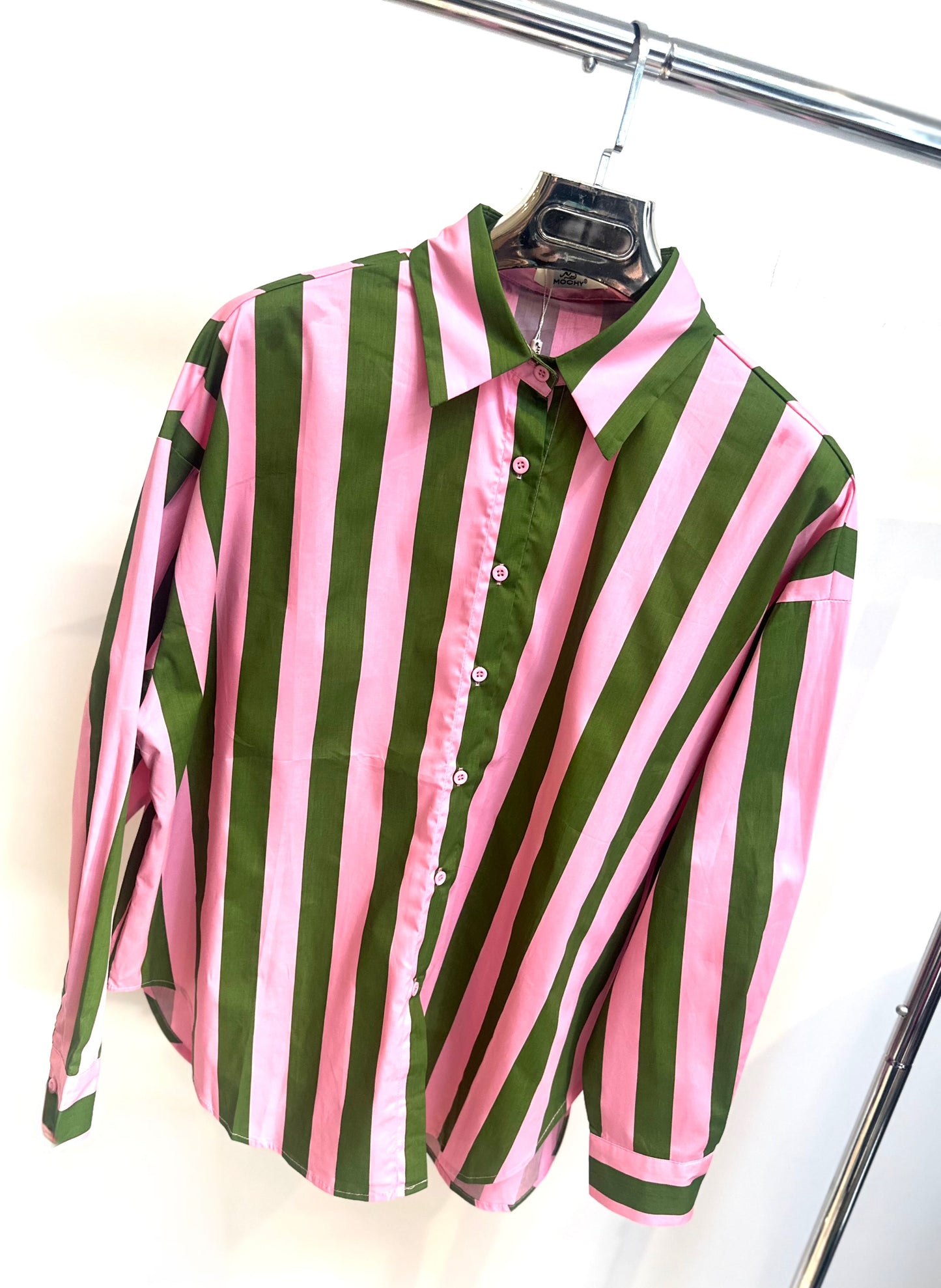 VIVANE Pink & Green Striped Oversized Shirt