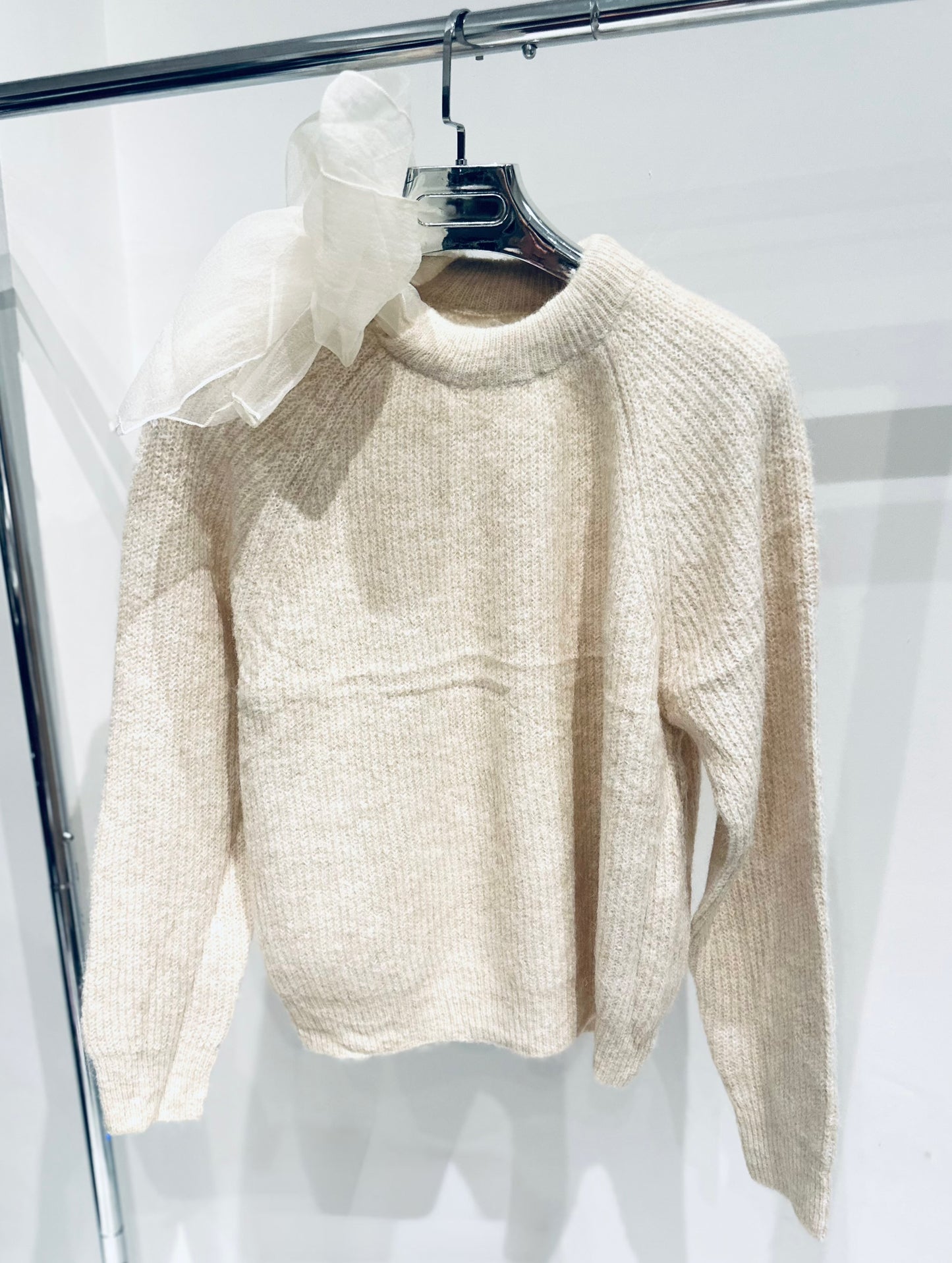 MARISE Cream Knitted Jumper with Chiffon Bow Neck Detail