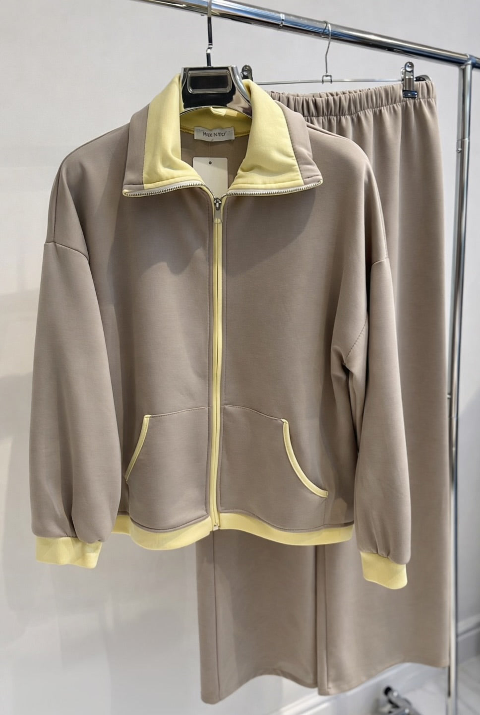 YURENA Taupe Contrast Zip Jacket & Trousers Co-Ord