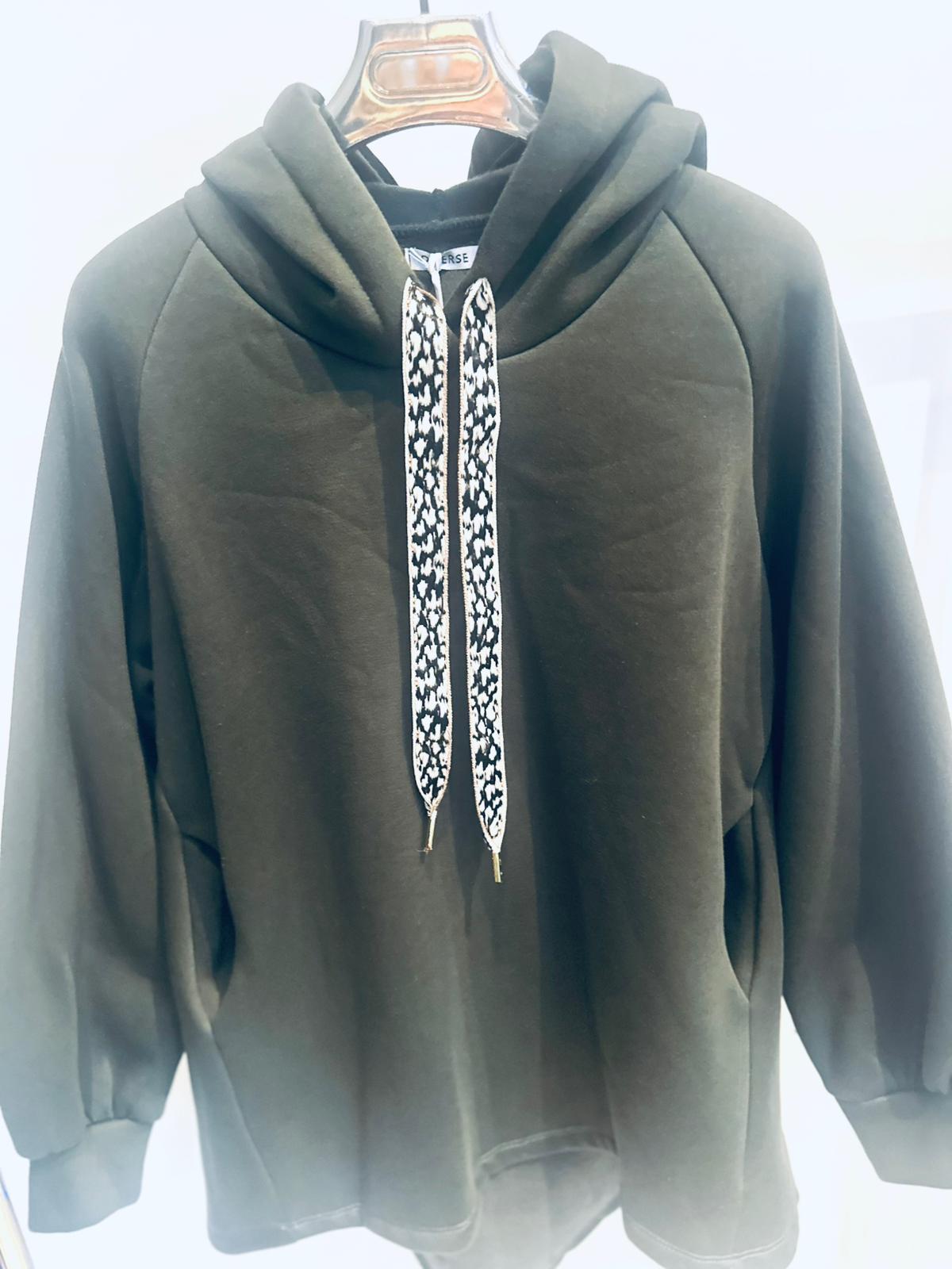 ELKE Khaki Hoodie with Printed Ribbon Detail