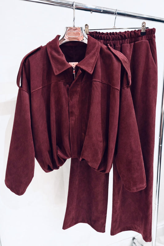 ELYSE Burgundy Zip Jacket & Wide Leg Trousers Co-Ord