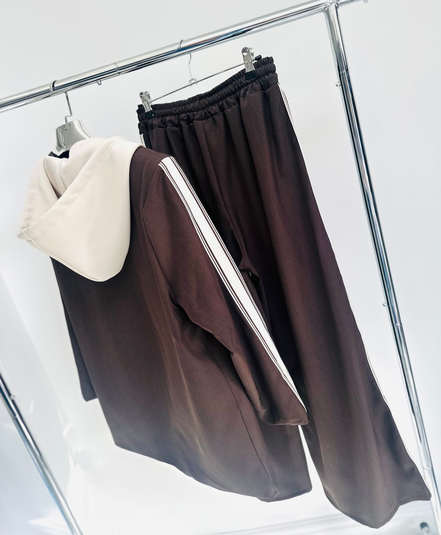 ZETTA Brown Side Stripe Hooded Blazer & Trousers Set