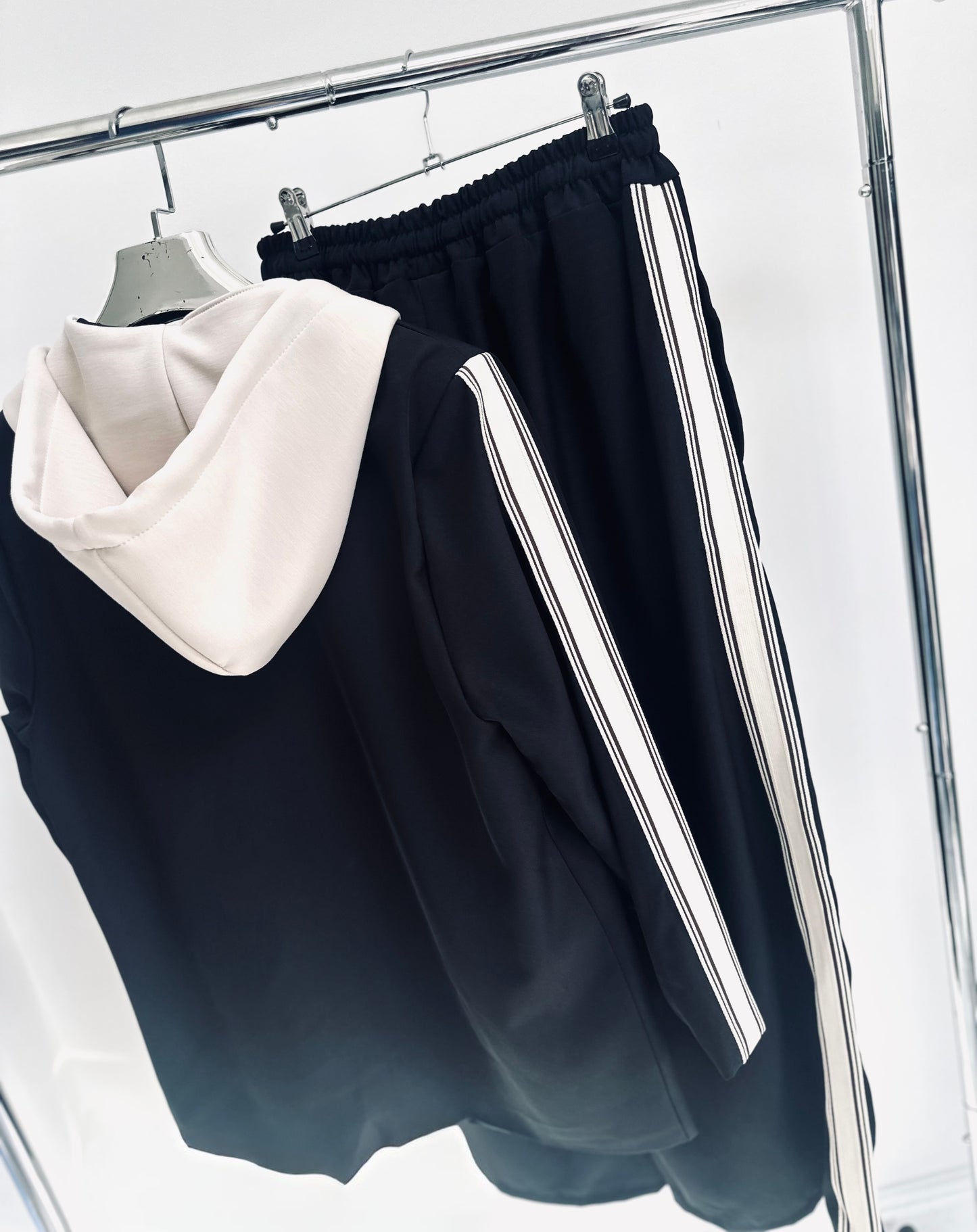 ZETTA Black Side Stripe Hooded Blazer & Trousers Set