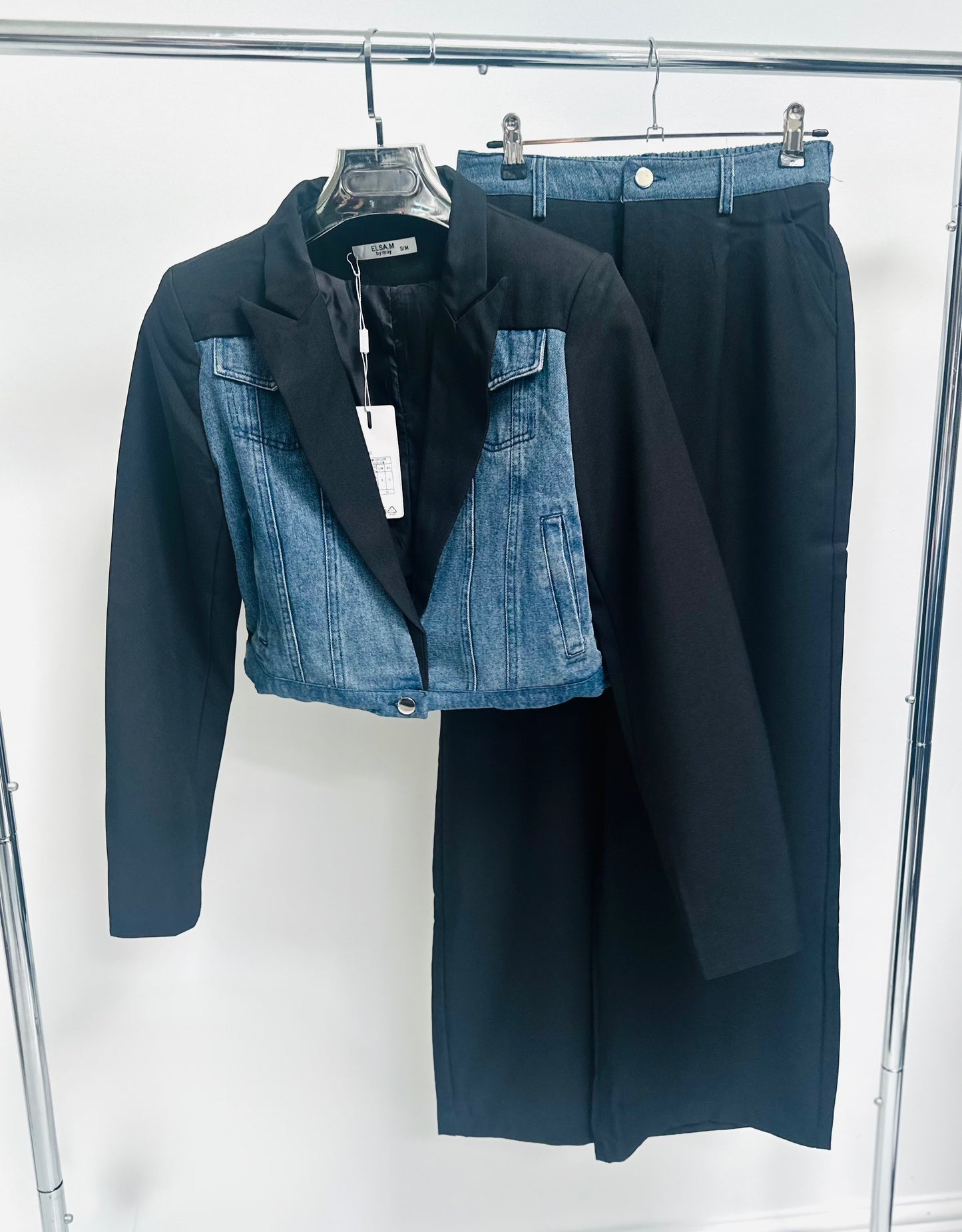 GIADA Black Denim Contrast Cropped Blazer & Trousers Co-Ord