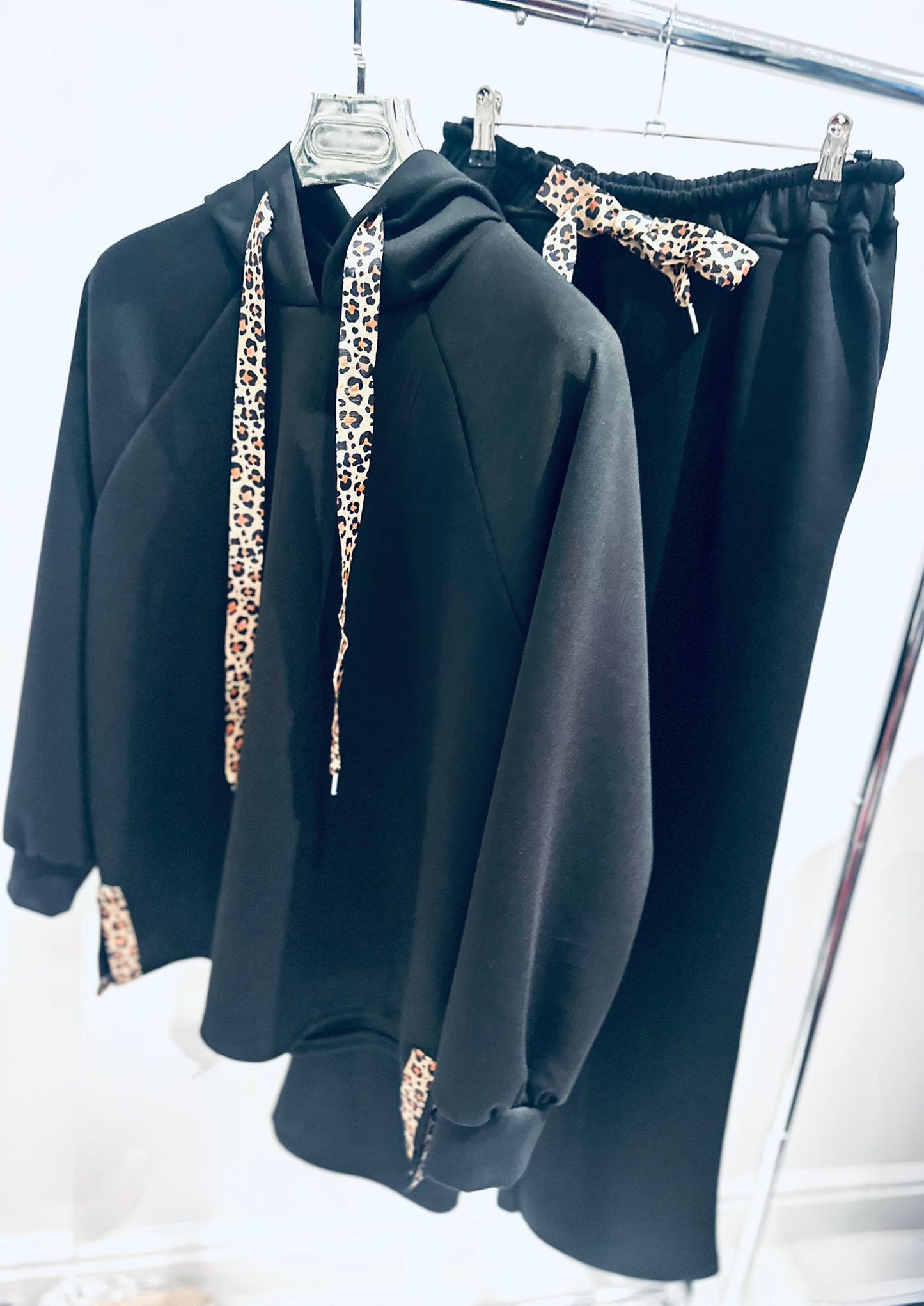 DAHNA Black Top & Trousers Co Ord with Leopard Print Ribbon Trim