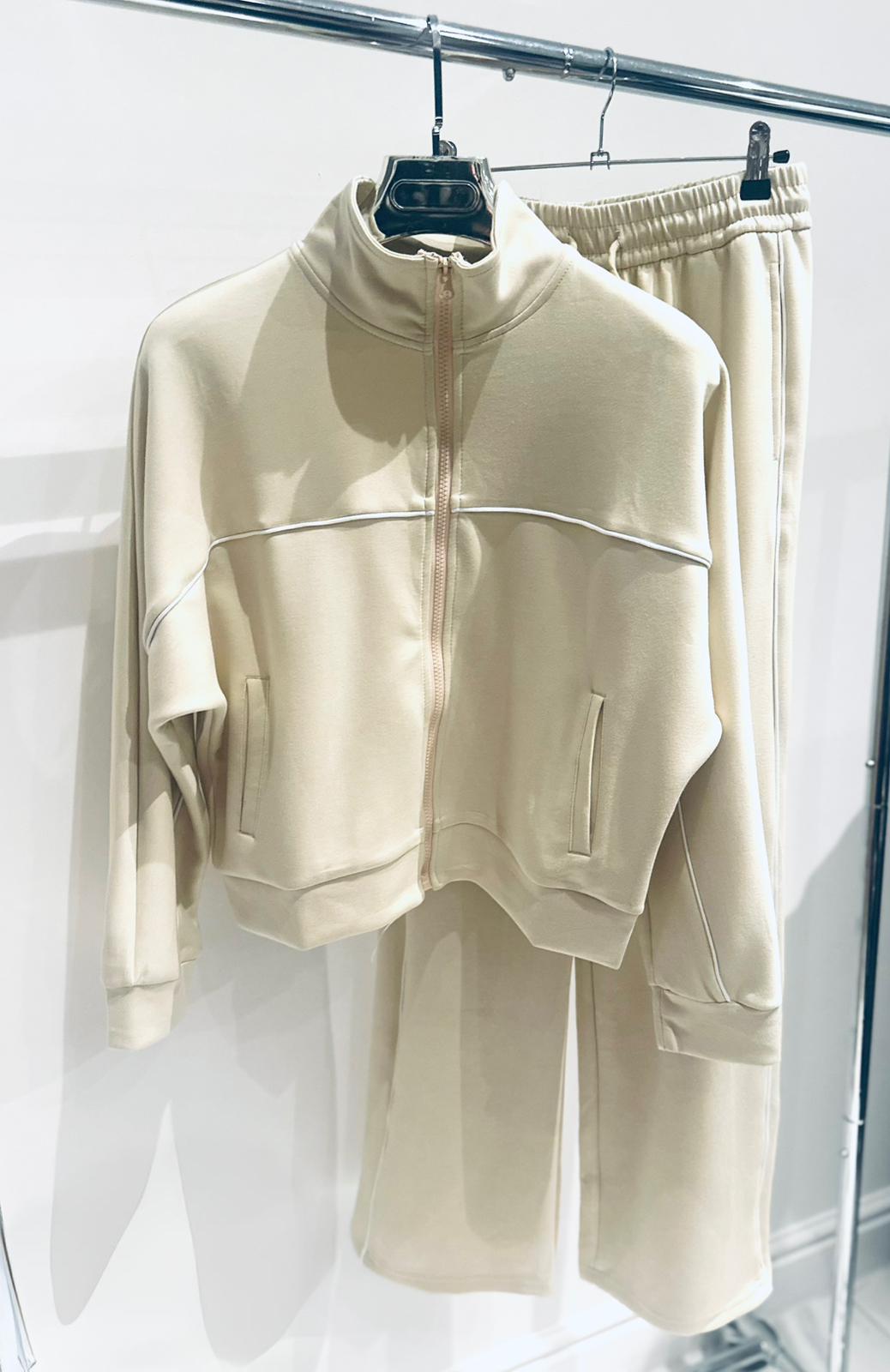 PETULA Beige Tracksuit with White Piping Detail