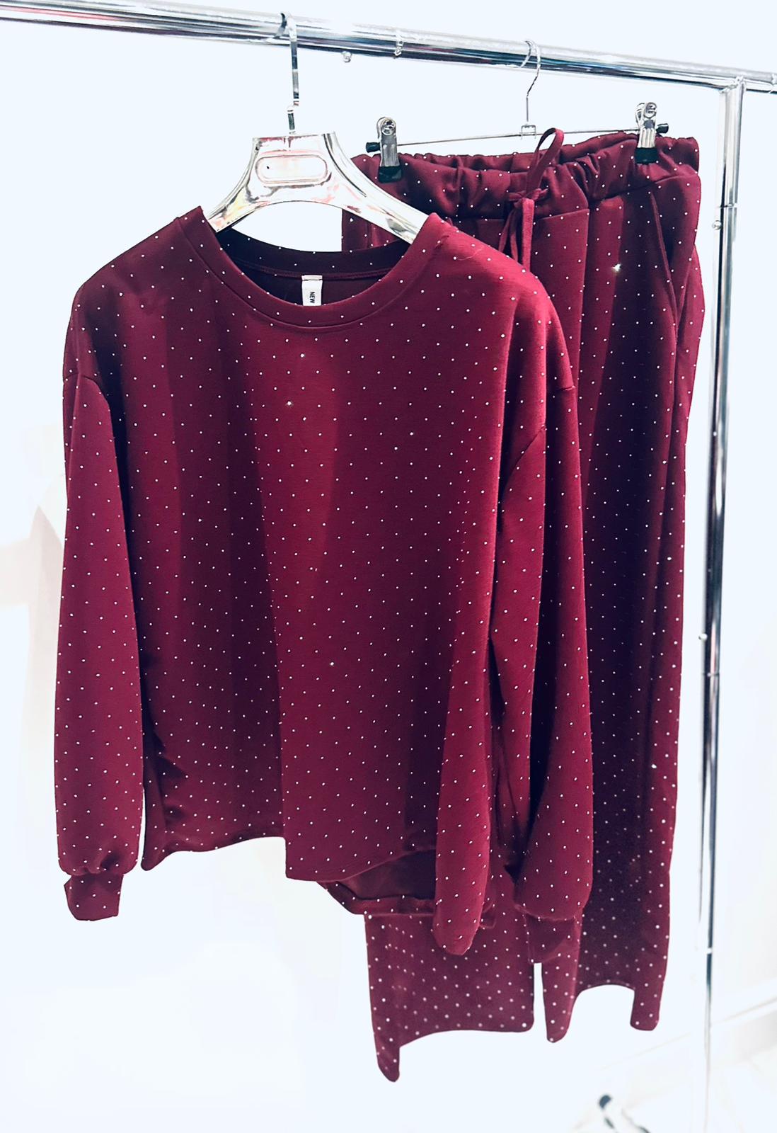 ESTELA Burgundy Studded Detail Top & Pants Set