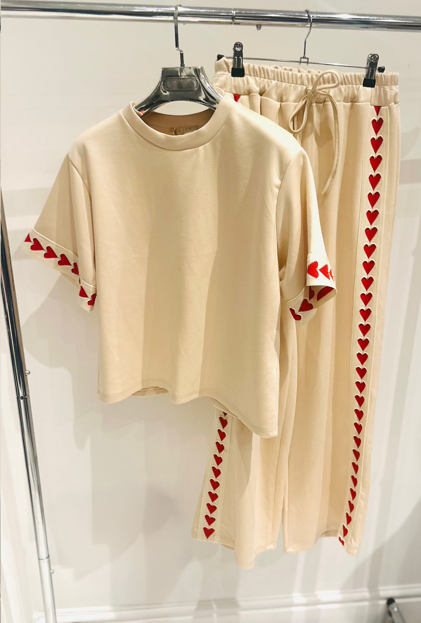AMORA Beige TShirt & Pants Co-Ord with Heart Trim
