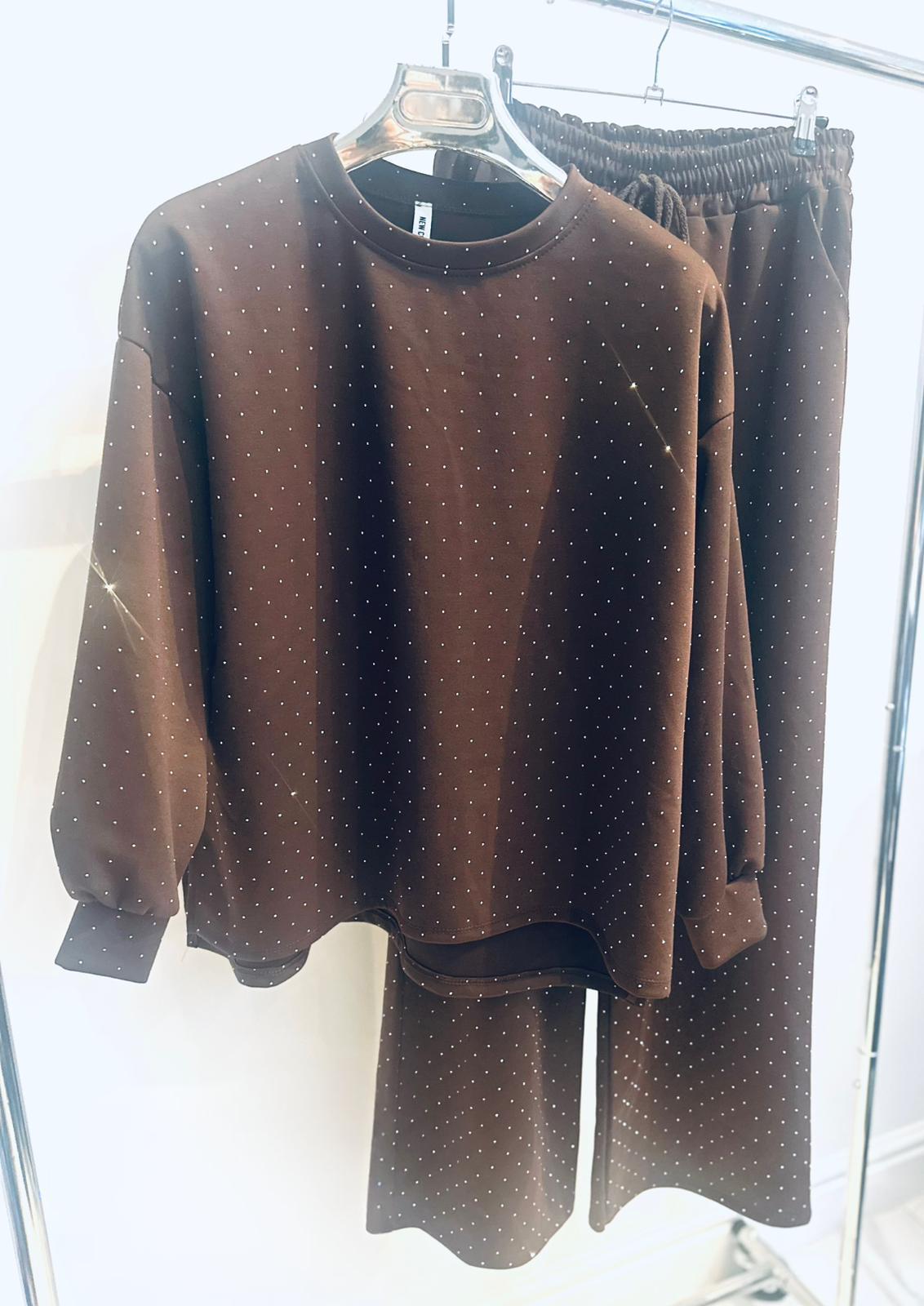 ESTELA Brown Studded Detail Top & Pants Set