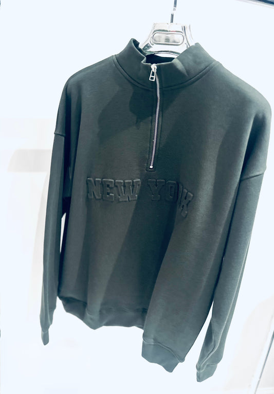 NEW YORK Khaki Embossed Half Zip Oversized Sweatshirt