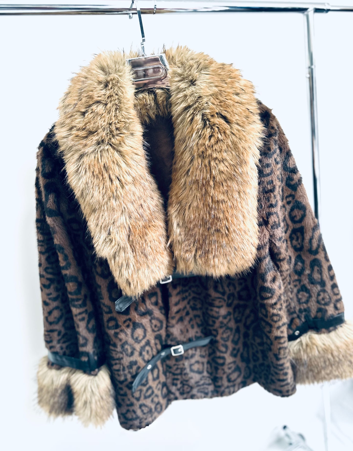 CAMARI Brown Leopard Print Faux Fur Collared Oversized Jacket