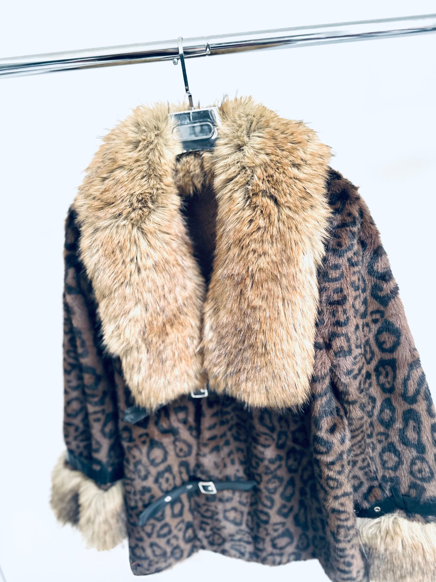 CAMARI Brown Leopard Print Faux Fur Collared Oversized Jacket