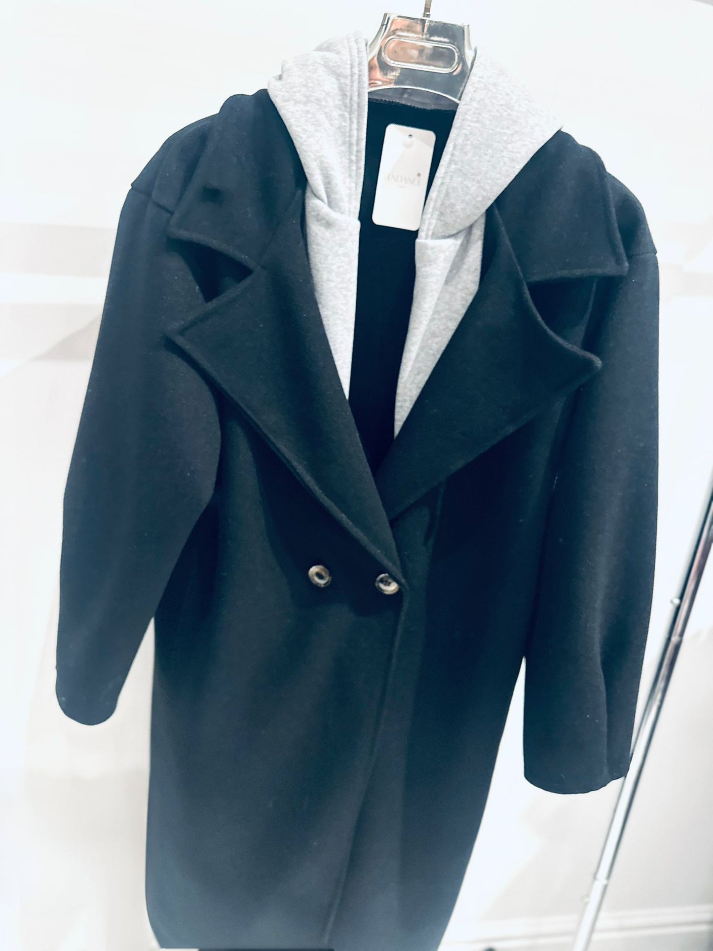 CIARA Black Double Breasted Oversized Coat with Attached Hood