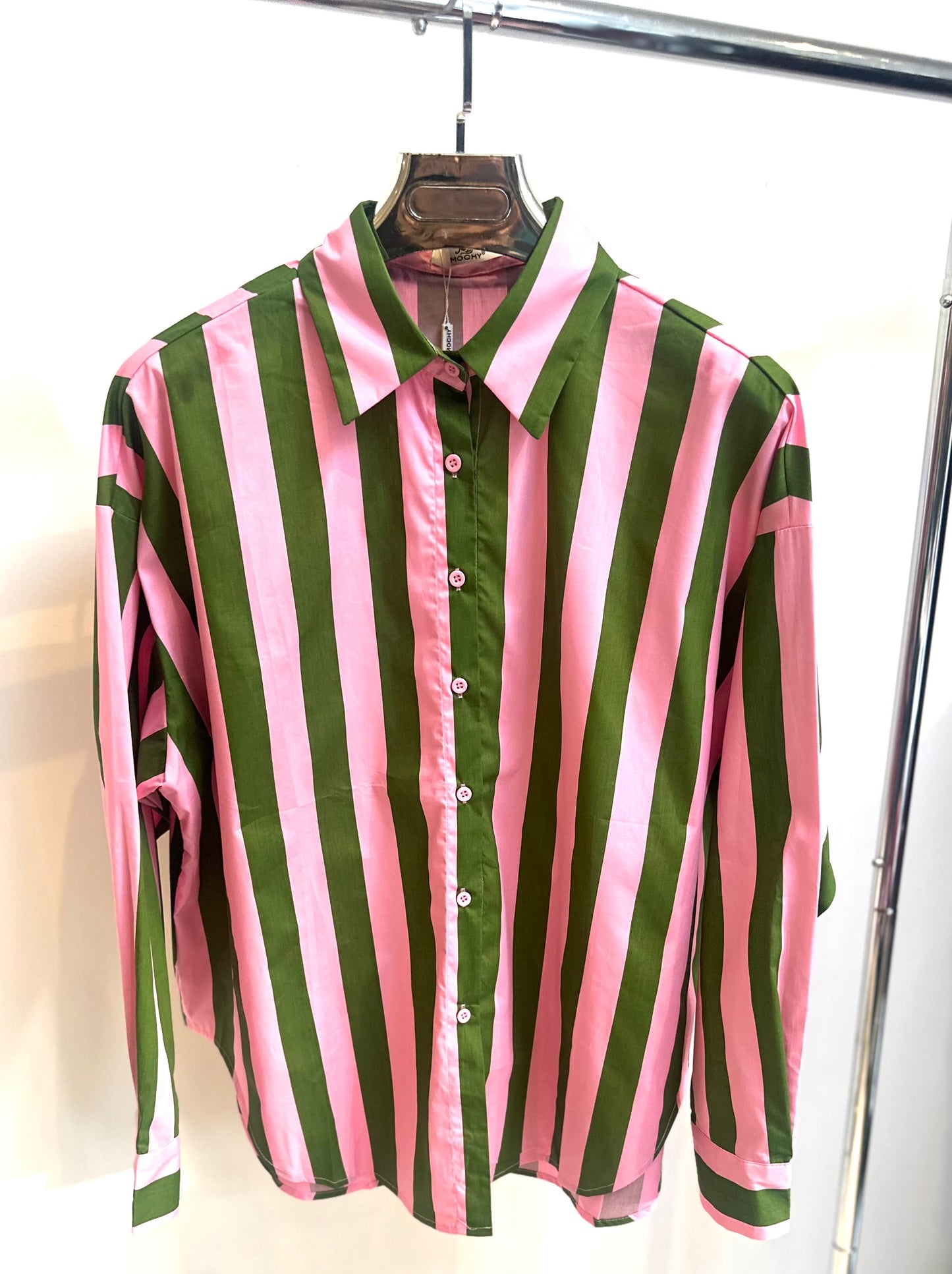 VIVANE Pink & Green Striped Oversized Shirt