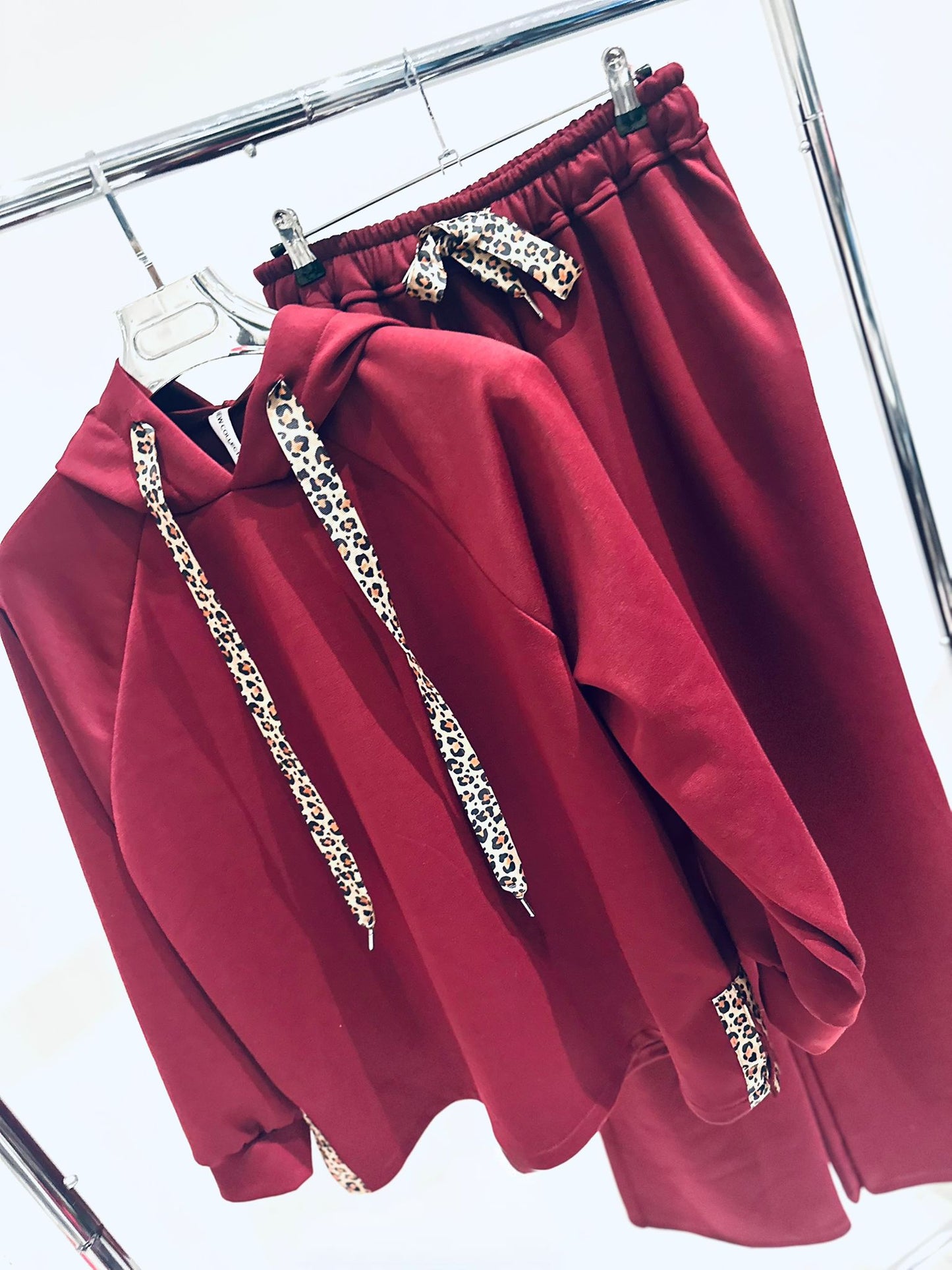DAHNA Burgundy Top & Trousers Co Ord with Leopard Print Ribbon Trim