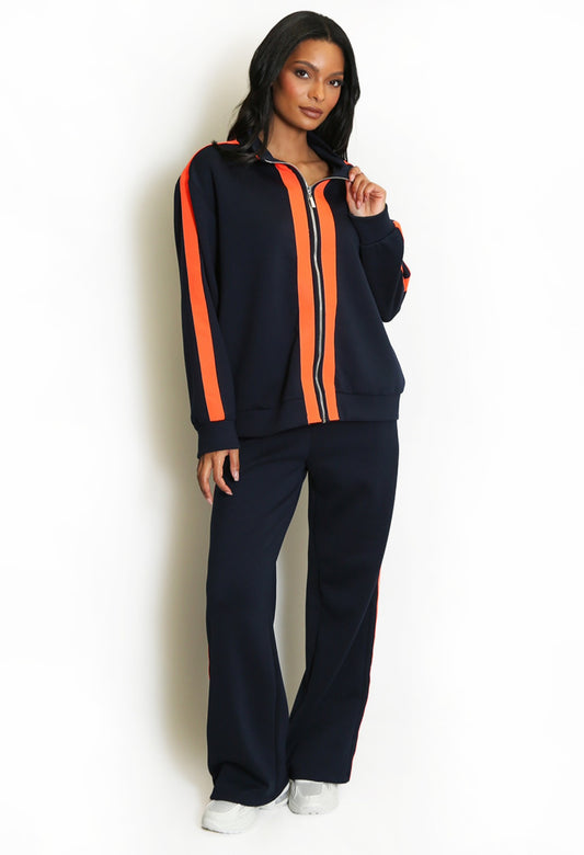 LAFIZA Navy with Orange Contrast Stripe Jacket & Joggers Tracksuit