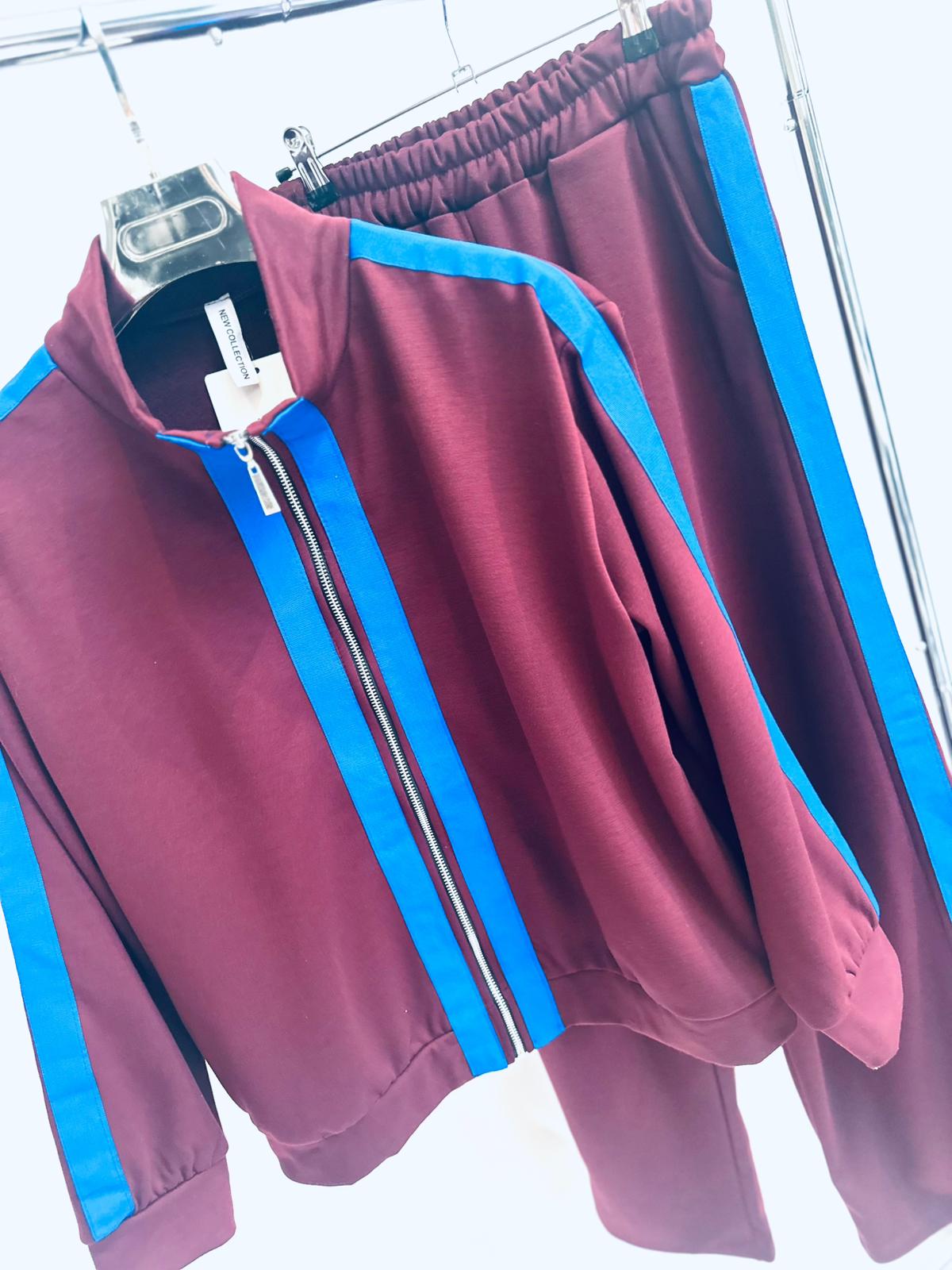 LAFIZA Burgundy with Blue Contrast Stripe Jacket & Joggers Tracksuit
