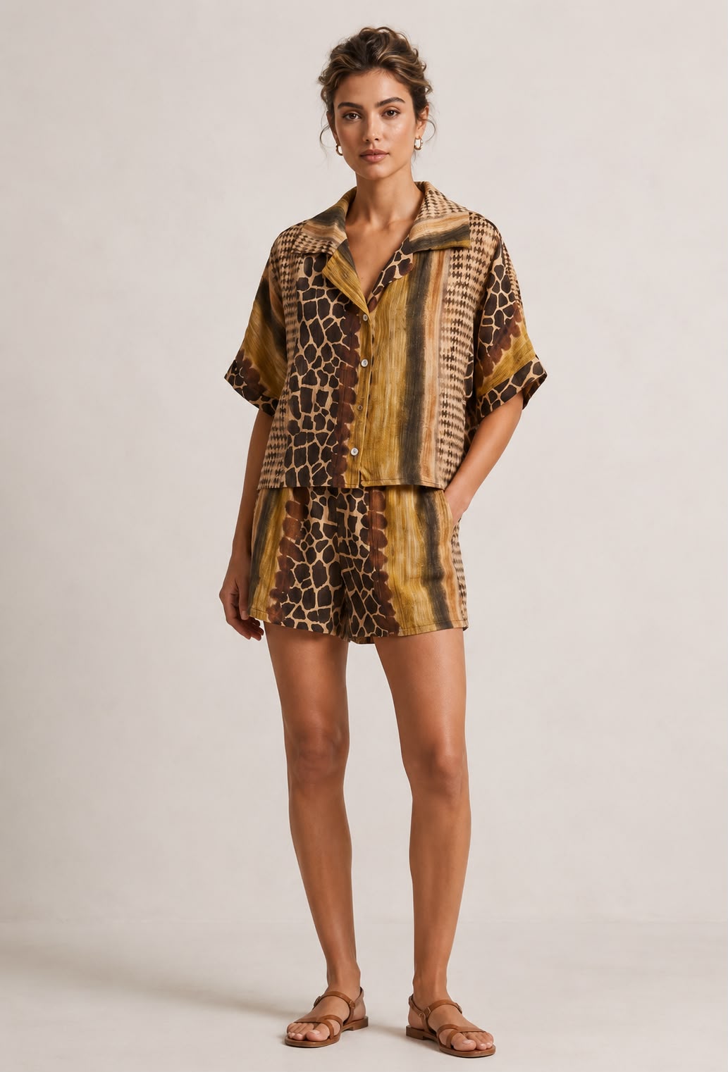 AUBREY Yellow Animal Printed Shirt & Shorts Set