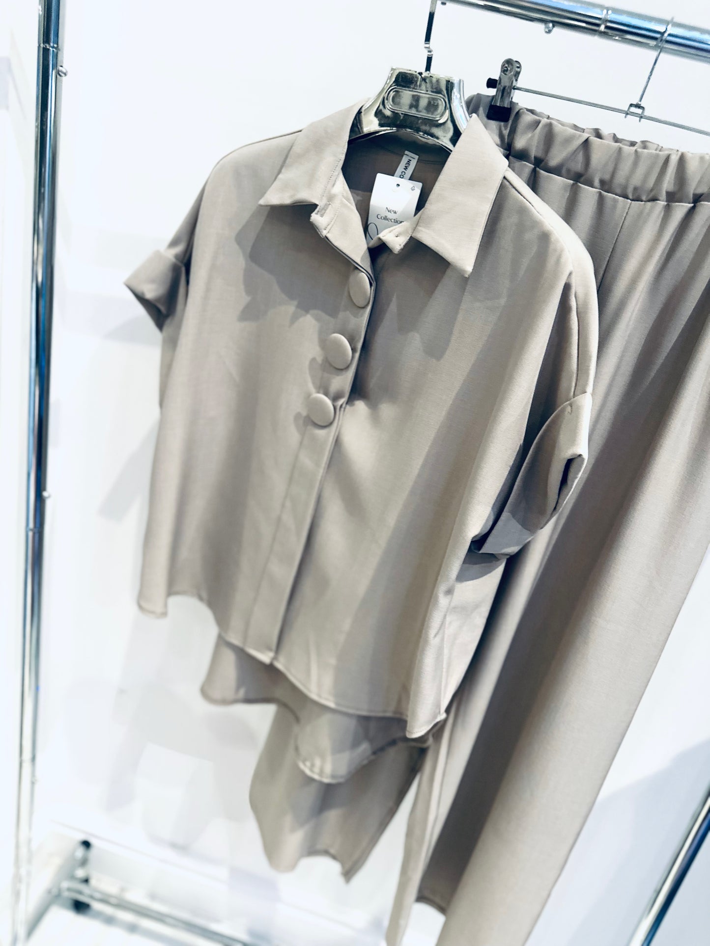 JANELLE Taupe Big Button Detailed Blouse & Trousers Co-Ord