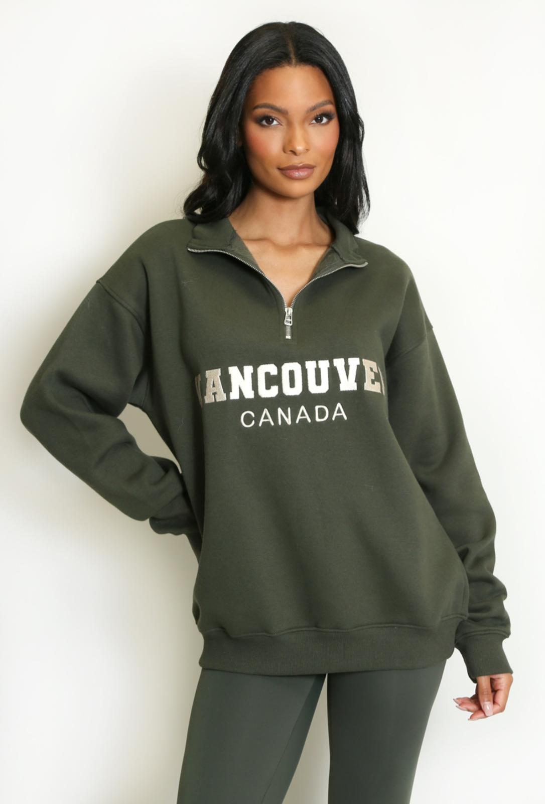 VANCOUVER Khaki Embroidered Half Zip Oversized Sweatshirt