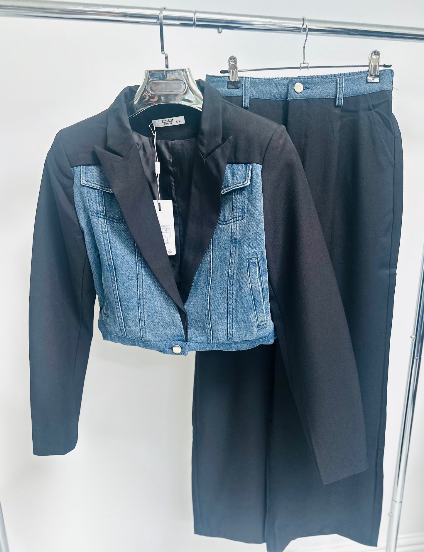 GIADA Black Denim Contrast Cropped Blazer & Trousers Co-Ord