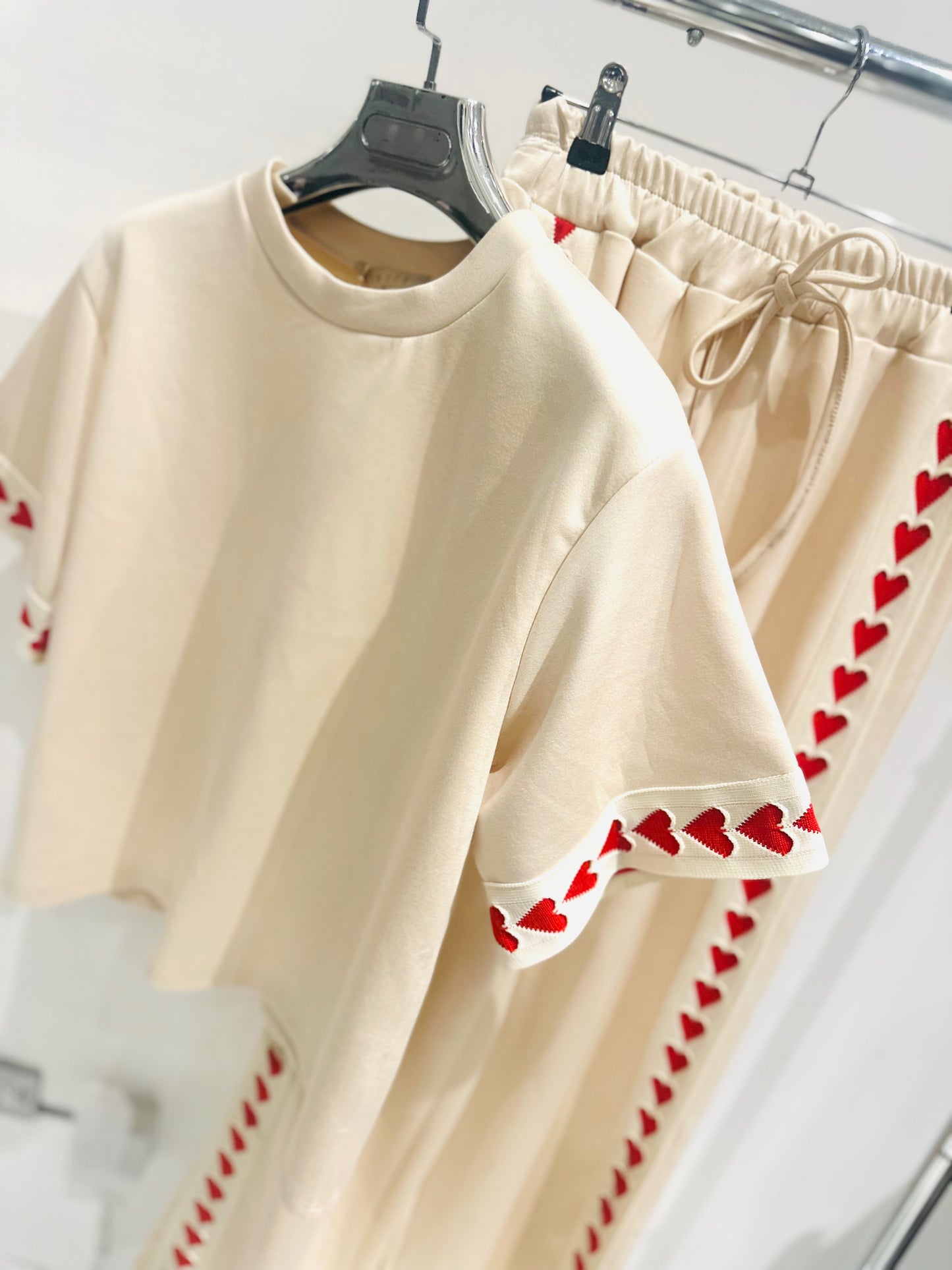 AMORA Beige TShirt & Pants Co-Ord with Heart Trim