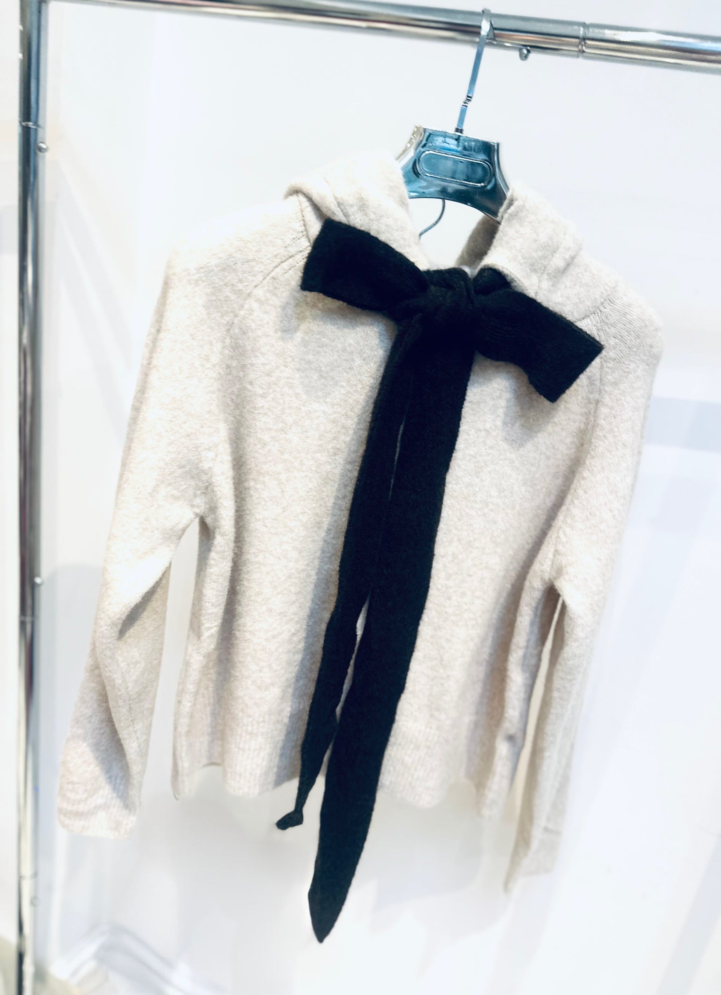 MAVEN Beige Soft Knit Bow Detail Zip Hoodie