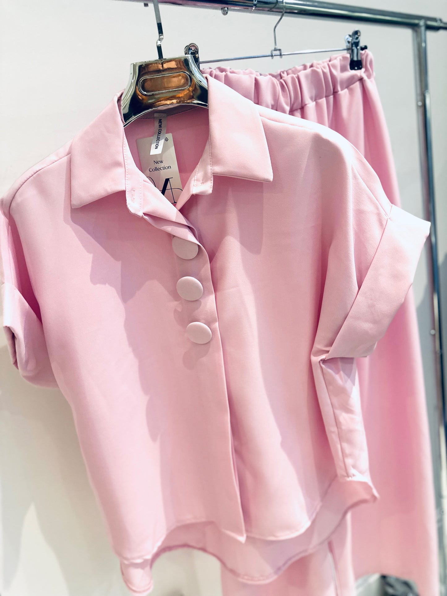 JANELLE Pink Big Button Detailed Blouse & Trousers Co-Ord