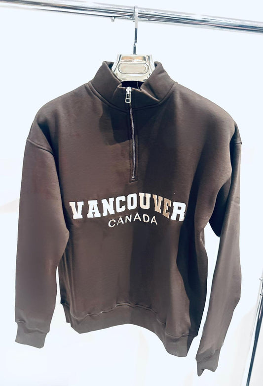 VANCOUVER Brown Embroidered Half Zip Oversized Sweatshirt