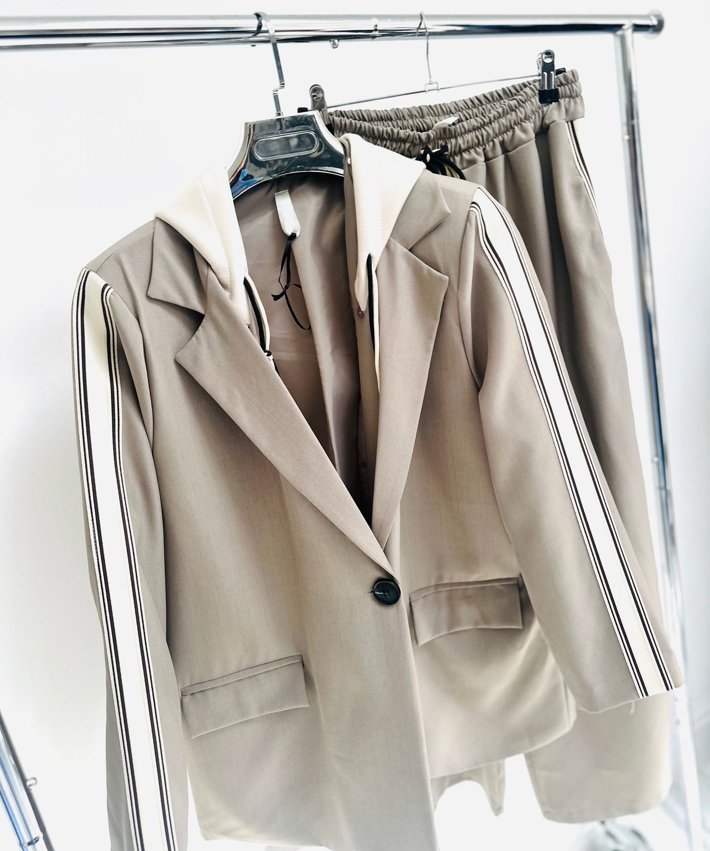 ZETTA Beige Side Stripe Hooded Blazer & Trousers Set