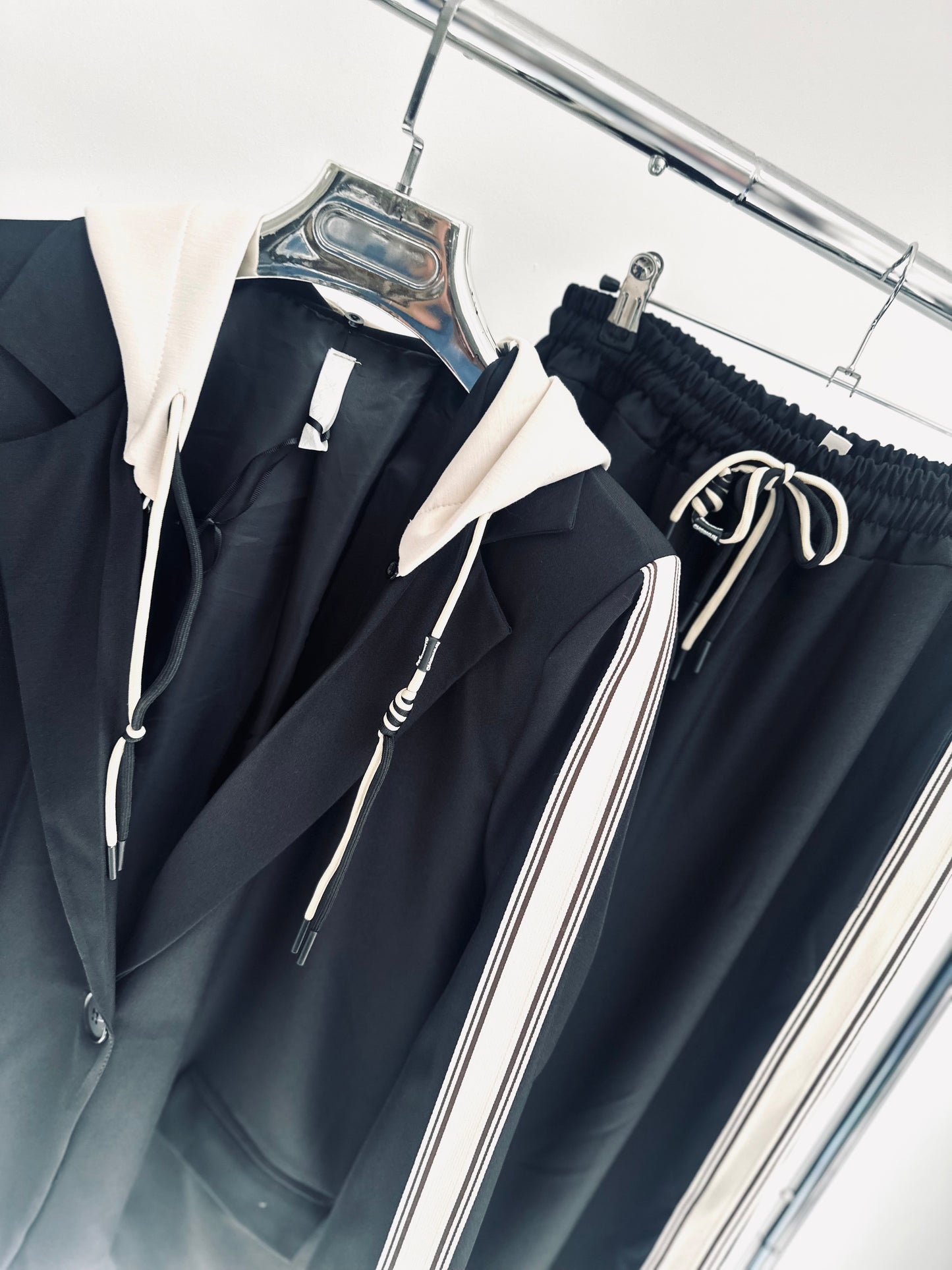 ZETTA Black Side Stripe Hooded Blazer & Trousers Set