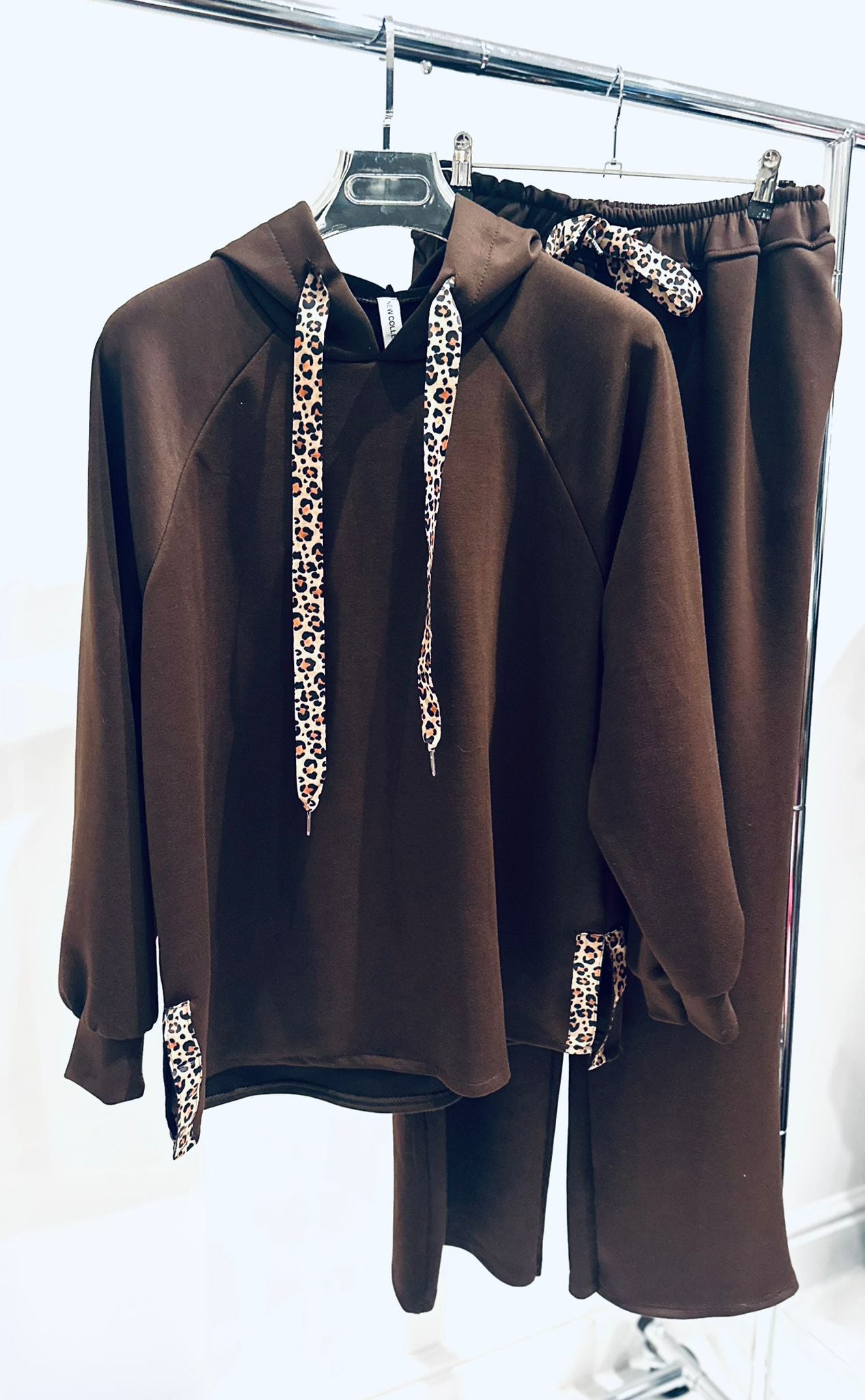 DAHNA Brown Top & Trousers Co Ord with Leopard Print Ribbon Trim