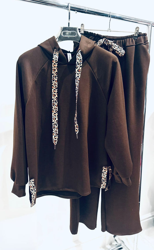 DAHNA Brown Top & Trousers Co Ord with Leopard Print Ribbon Trim
