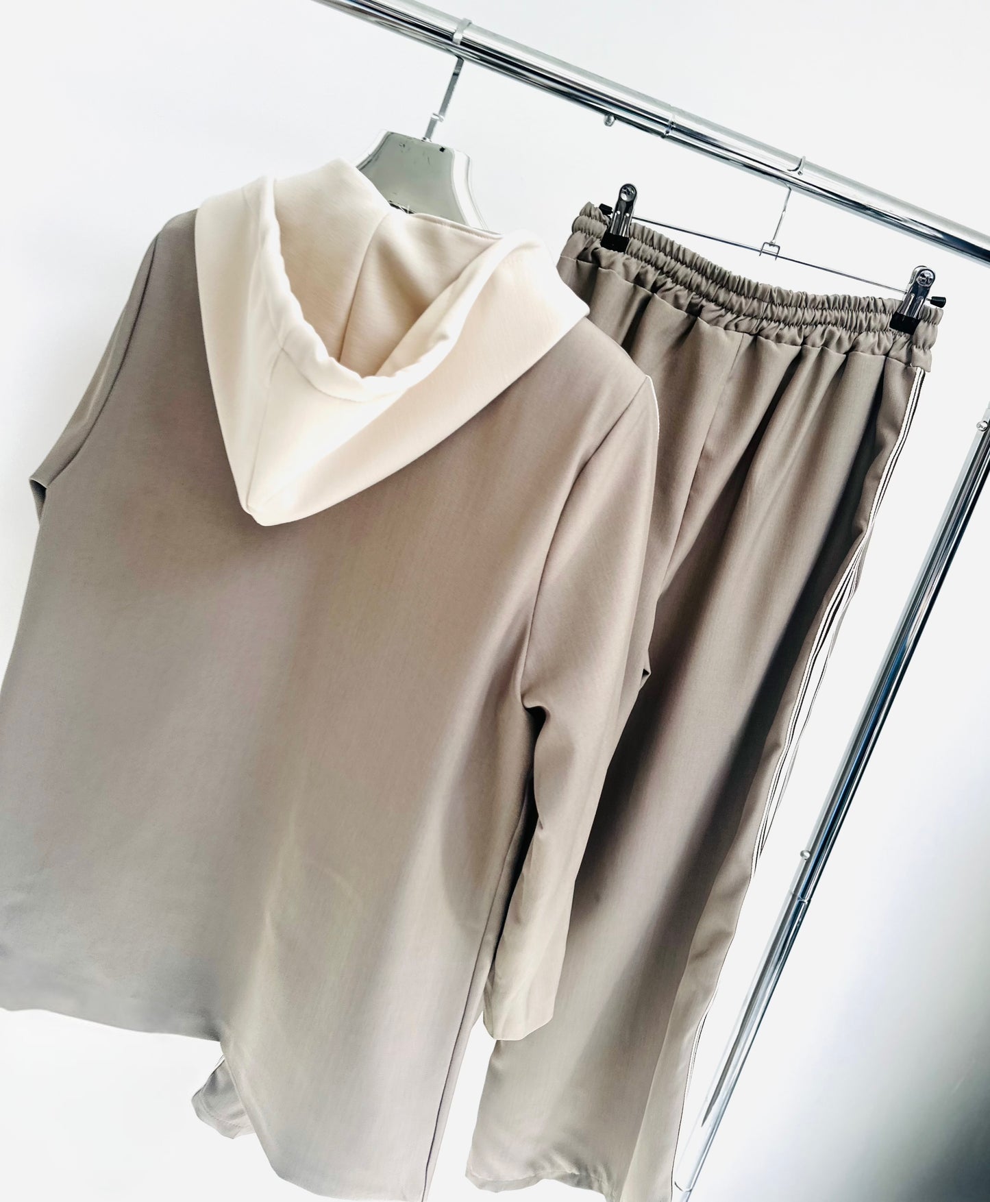 ZETTA Beige Side Stripe Hooded Blazer & Trousers Set