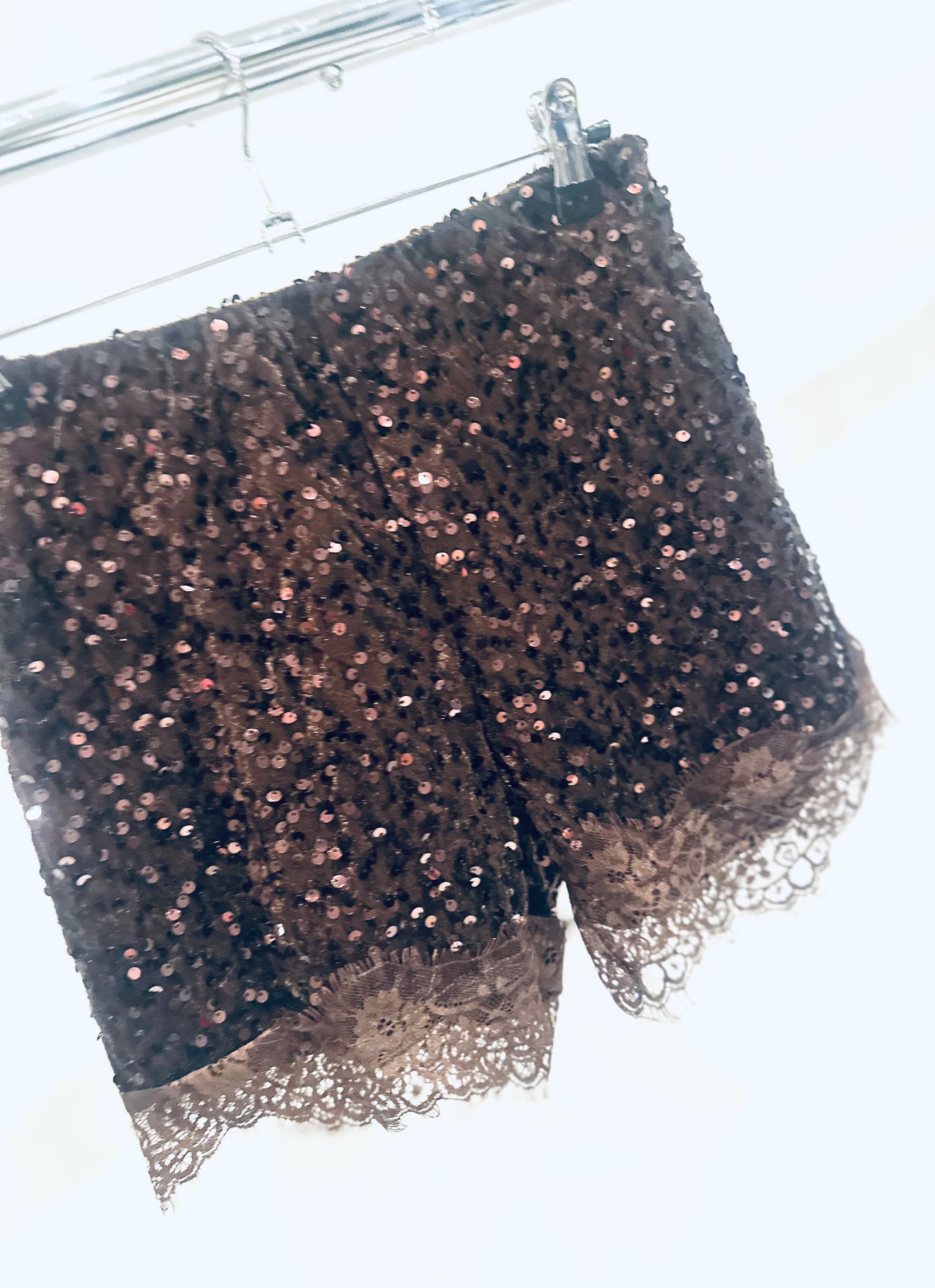 SYDNEY Brown Sequin Shorts with Lace Trim