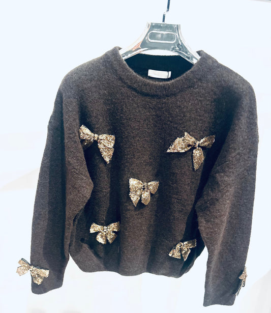 TAMSIN Brown Knitted Jumper with Sequin Bow Detail