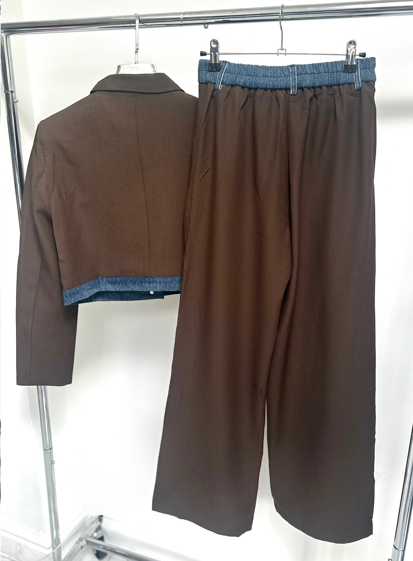 GIADA Brown Denim Contrast Cropped Blazer & Trousers Co-Ord