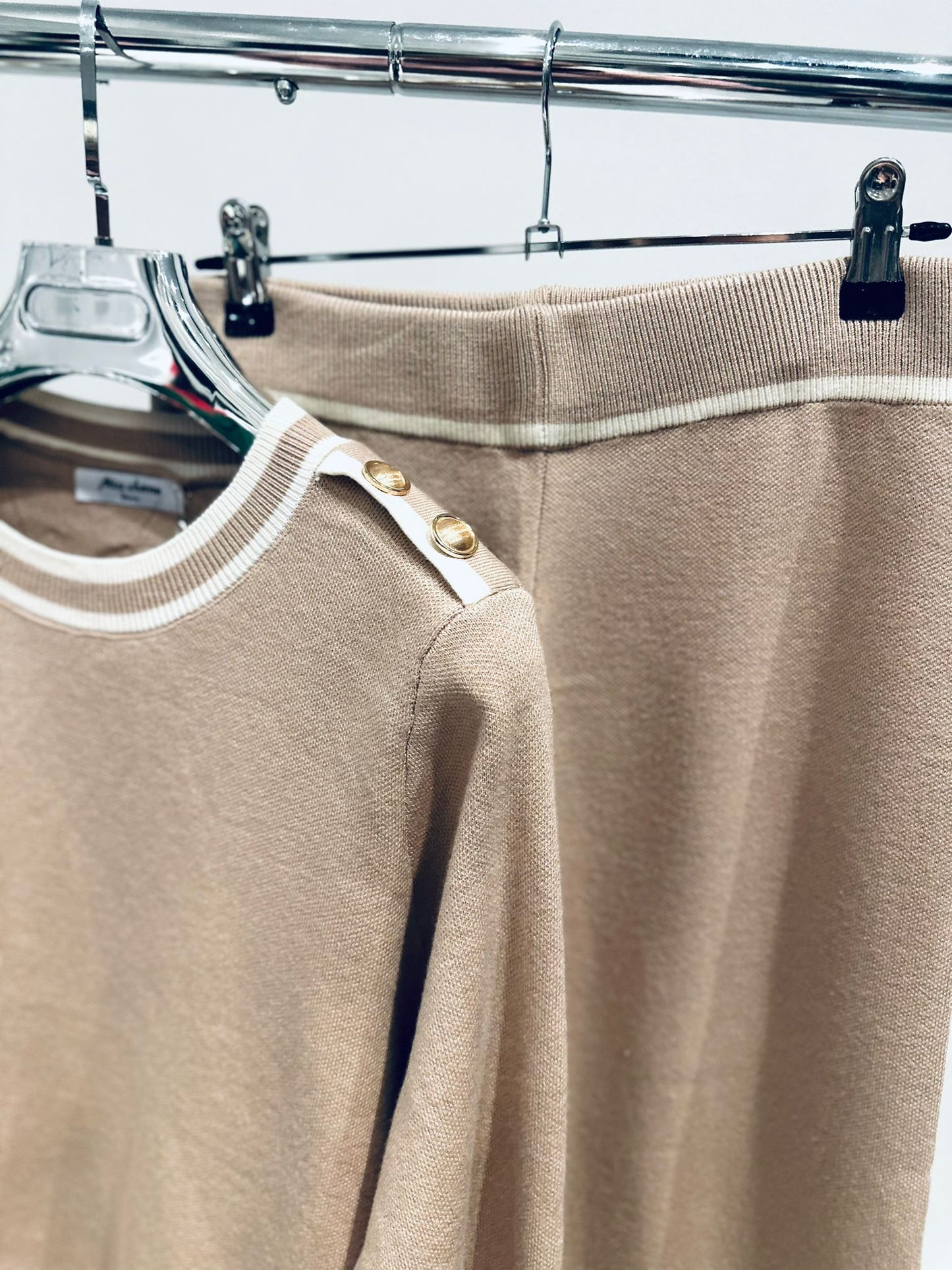 ZAHARA Beige Knitted Top & Pants Co-Ord with Contrast Trim Detail