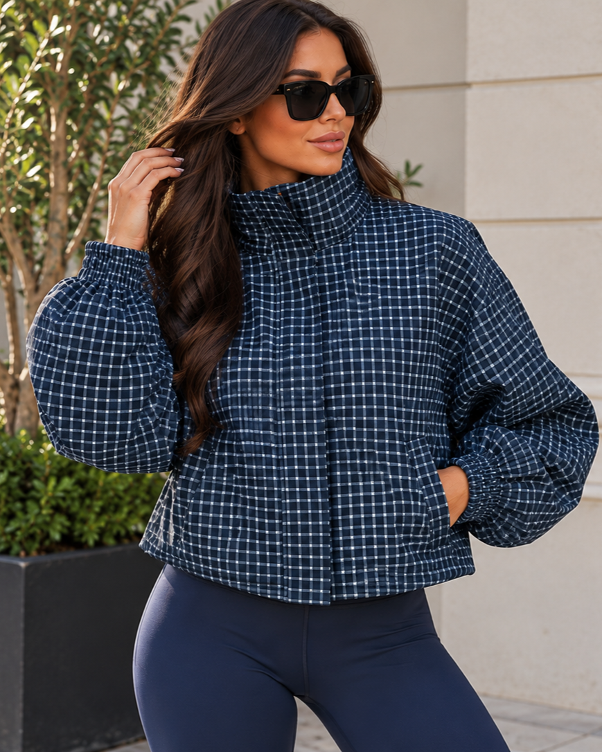 AVIELLE Blue Check High Neck Jacket